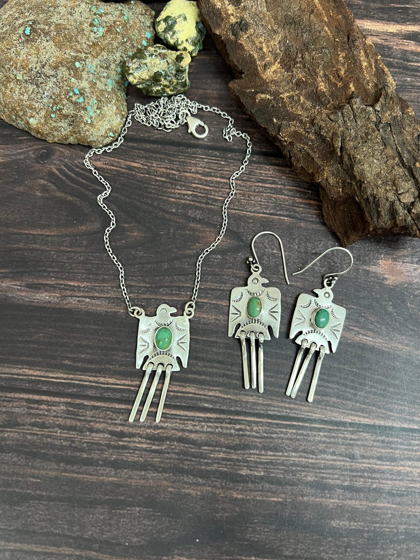 Handmade Sterling Silver Kingman Turquoise Necklace Earrings Set with Signed Nizhoni