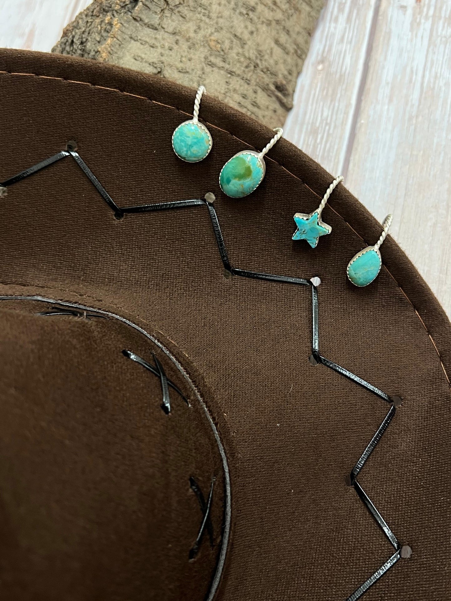 Handmade Sterling Silver Kingman Turquoise Trucker Hat Charms with Signed Nizhoni
