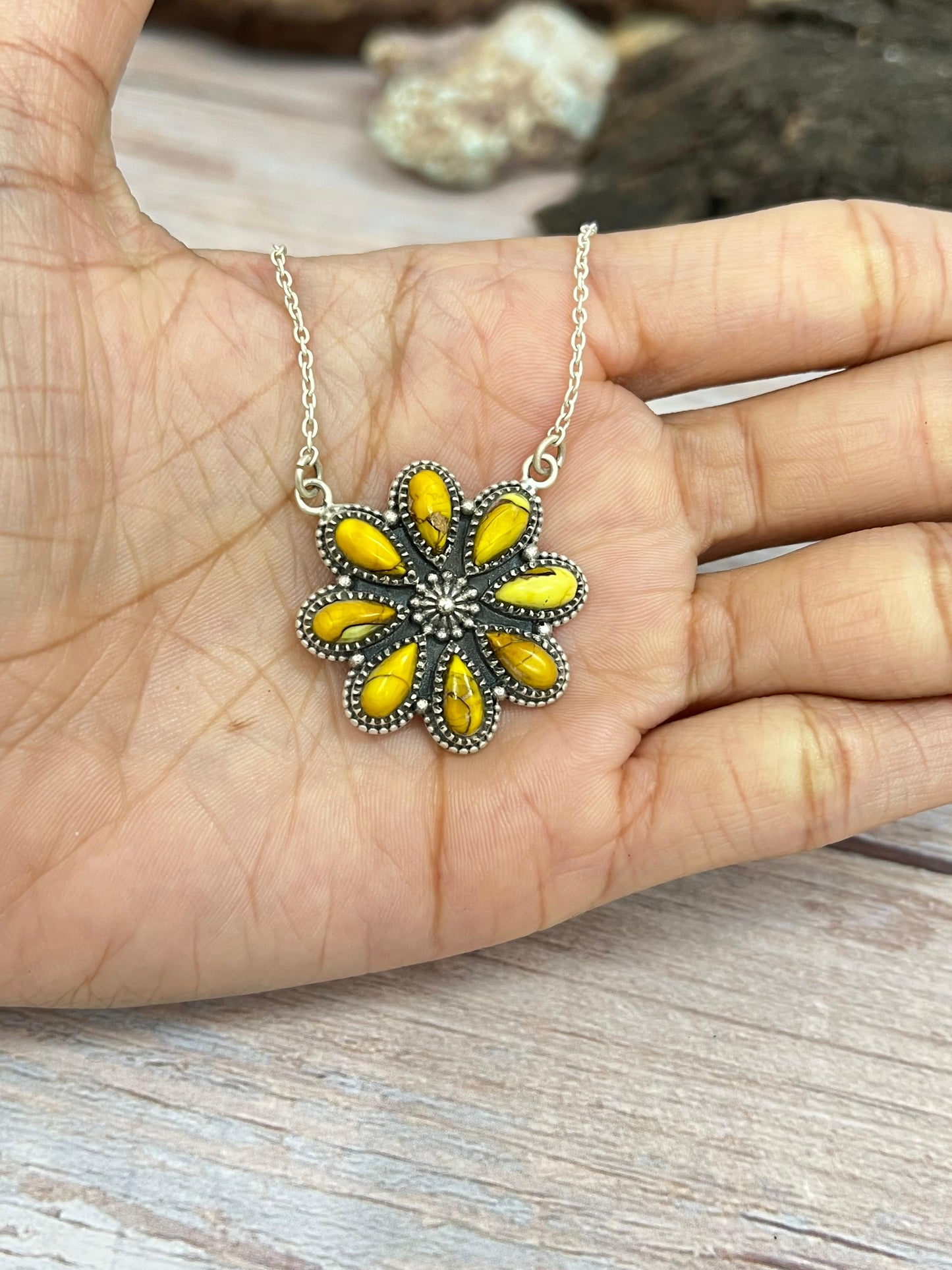 Handmade Sterling Silver Honey Dahlia Necklace with Signed Nizhoni