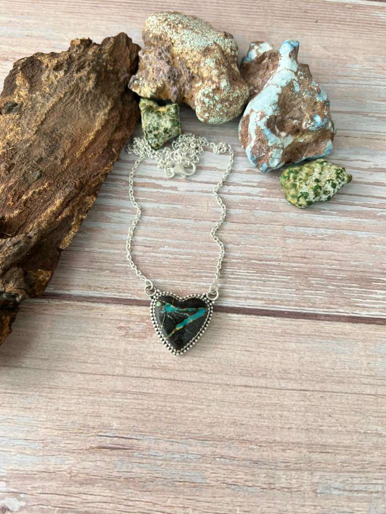 Handmade Sterling Silver Blackjack Turquoise Heart Necklace with Signed Nizhoni (4)