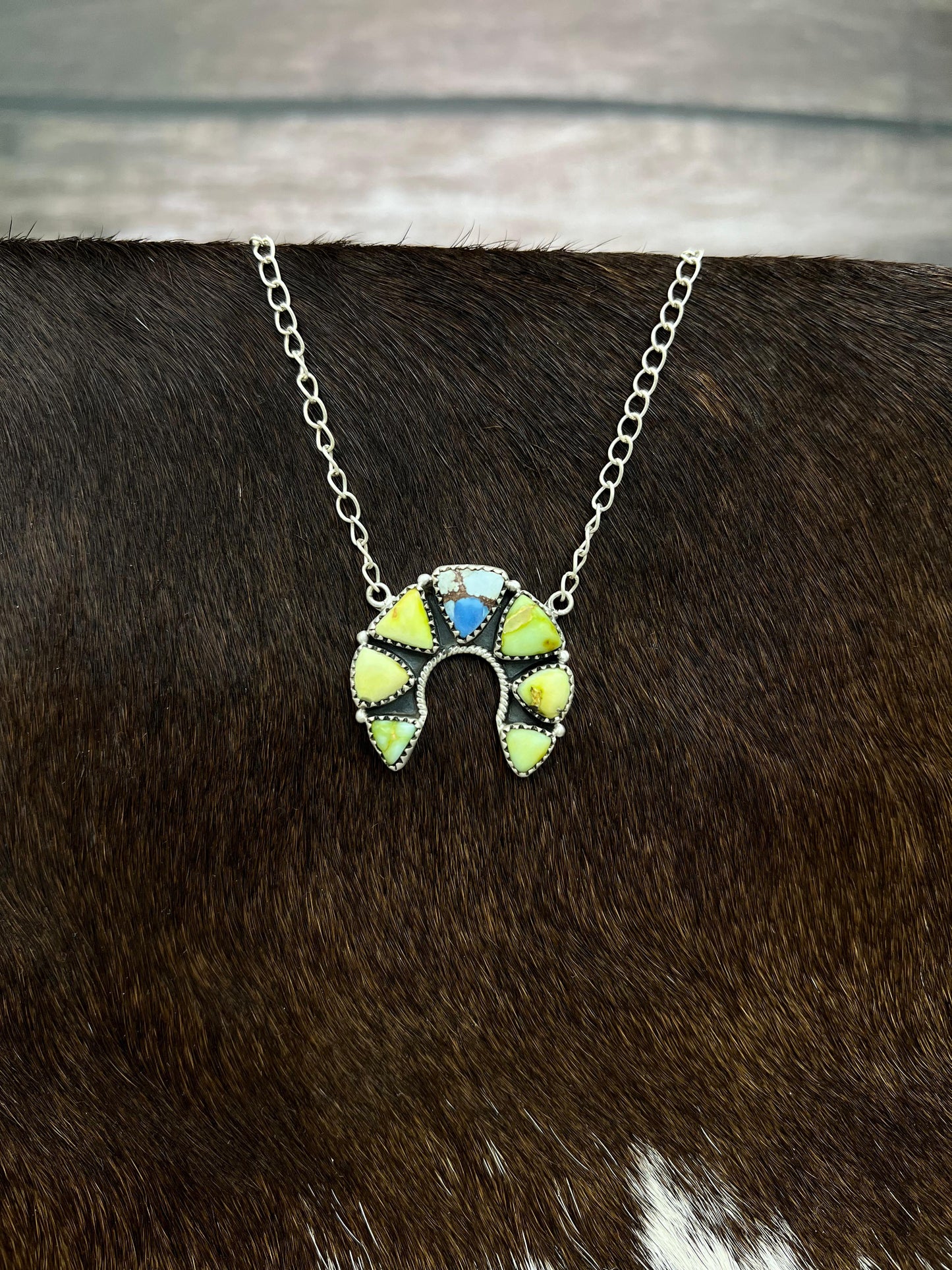 Handmade Sterling Silver Palomino, Golden Hills Turquoise Naja Necklace with Signed Nizhoni