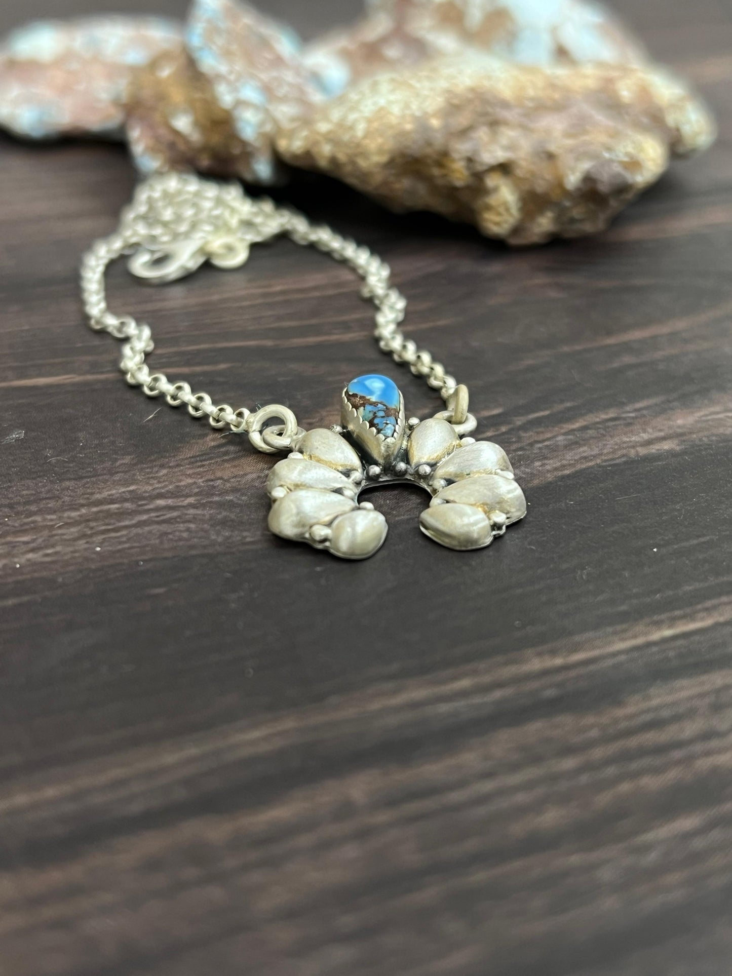 "Ball Collection" Handmade Sterling Silver Golden Hills Turquoise Naja Necklace with Signed Nizhoni