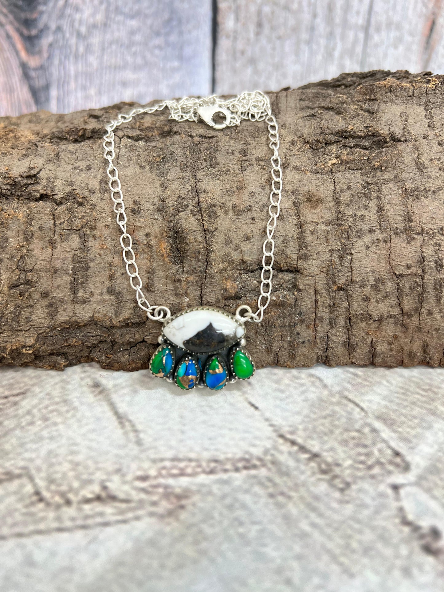 Handmade Sterling Silver White Buffalo with Peacock Dahlia Necklace with Signed Nizhoni