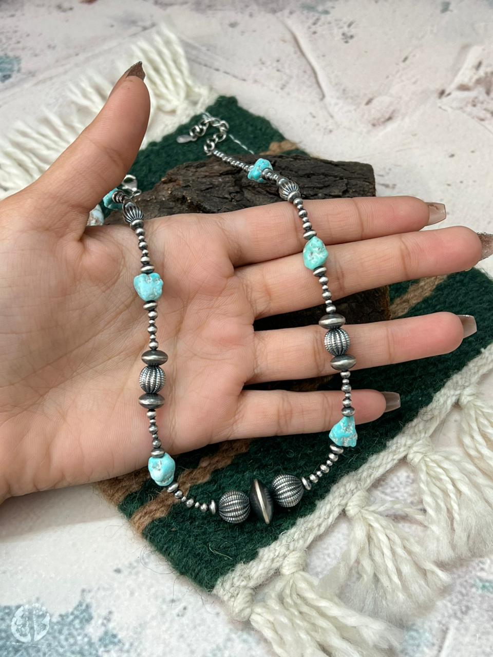 Handmade Sterling Silver Beaded White Water Turquoise Necklace "Signed Nizhoni"