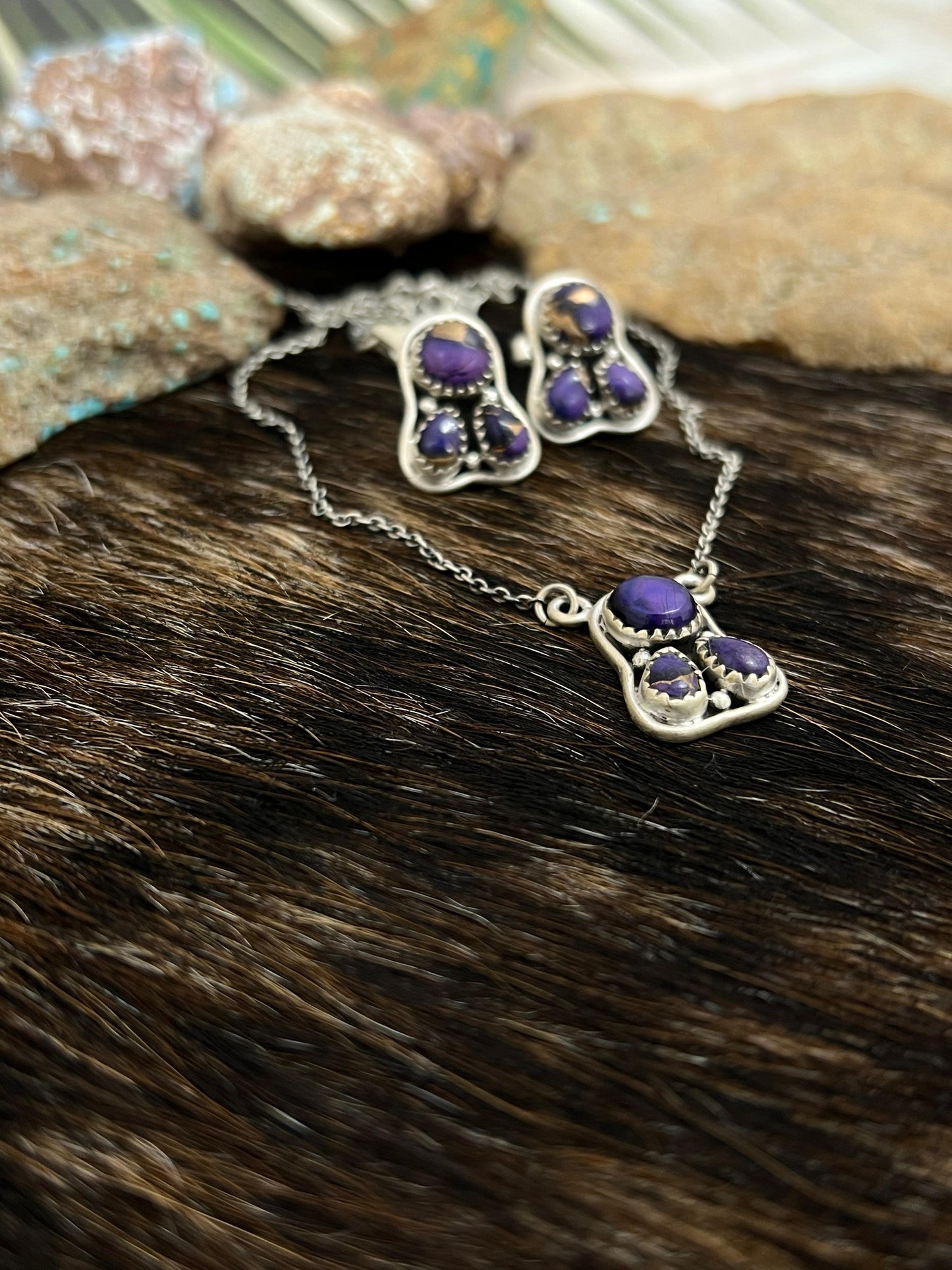 Handmade Sterling Silver Grape Dahlia Necklace Earrings Set, Signed Nizhoni