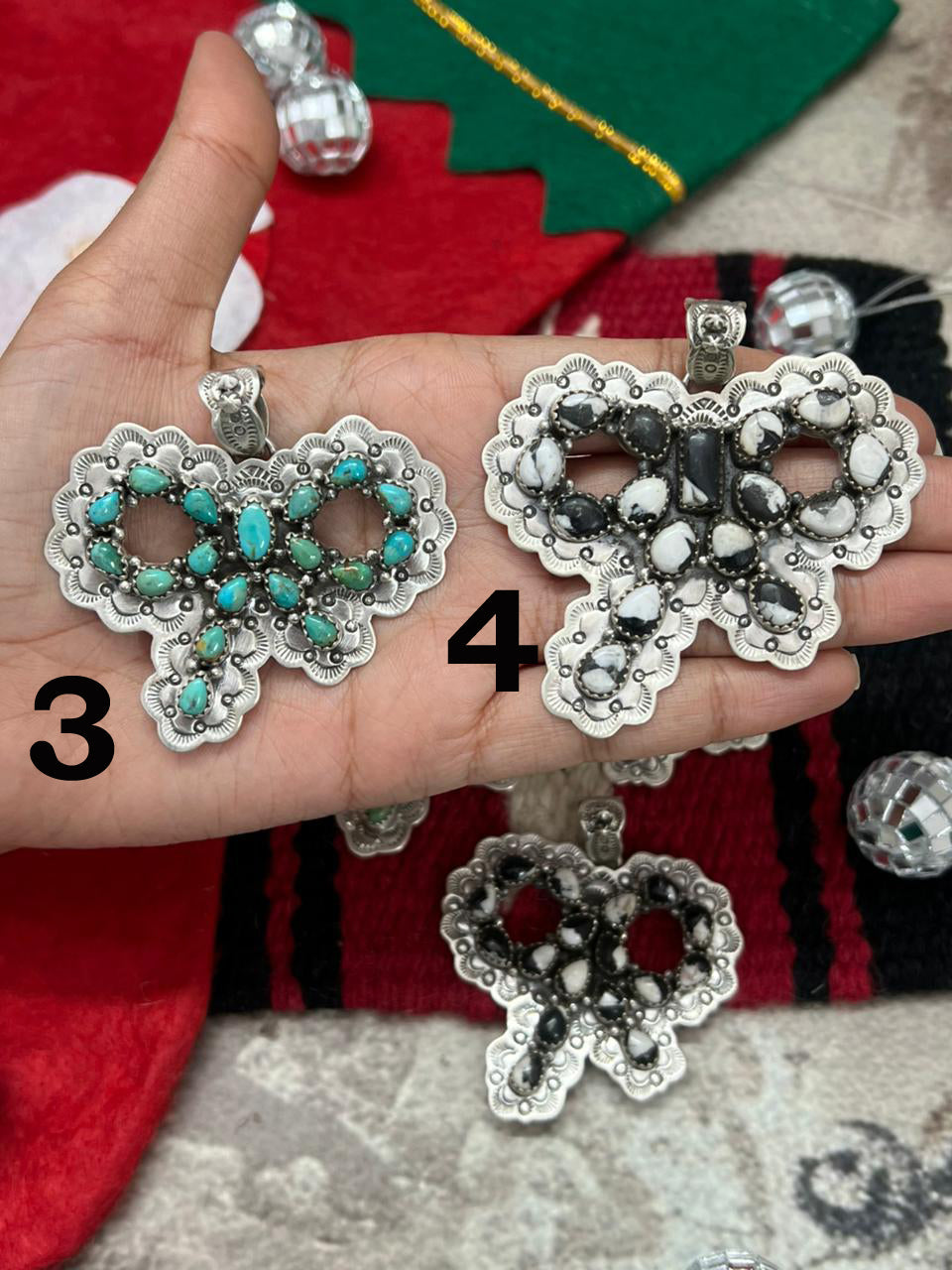 "Christmas Collection" Handmade Sterling Silver Kingman Turquoise, White Buffalo Pendant " Signed Nizhoni"