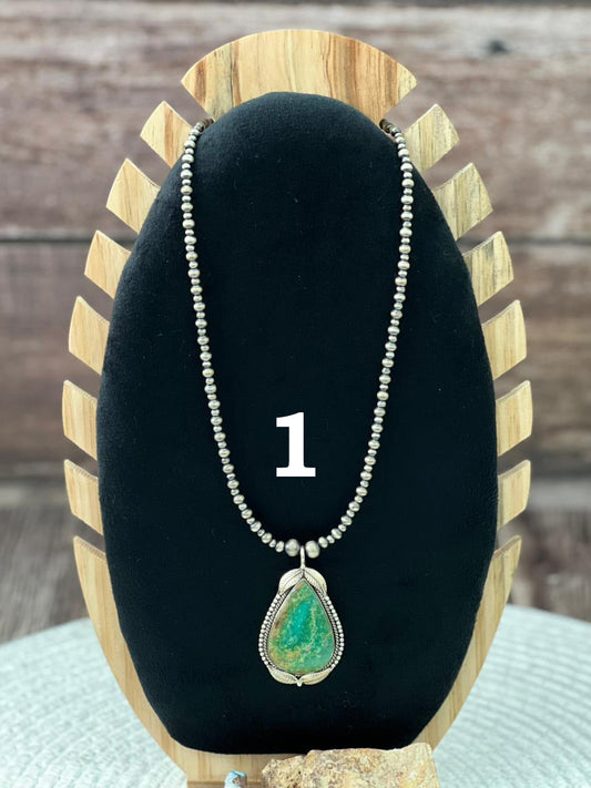 Handmade Sterling Silver Beaded Mantis Turquoise Necklace "Signed  Nizhoni"