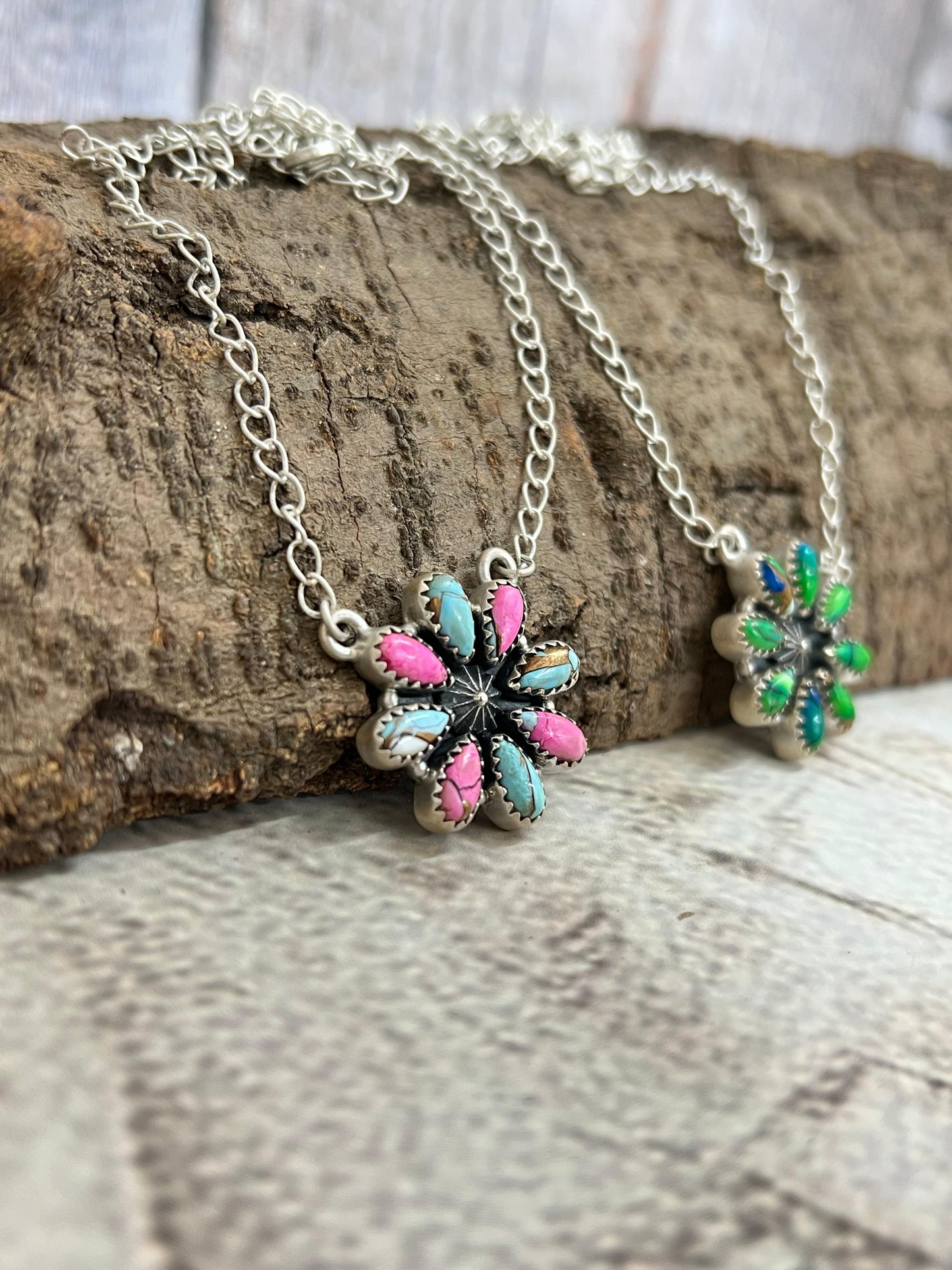Handmade Sterling Silver Peacock Dahlia, Cotton Candy Turquoise Necklace with Signed Nizhoni