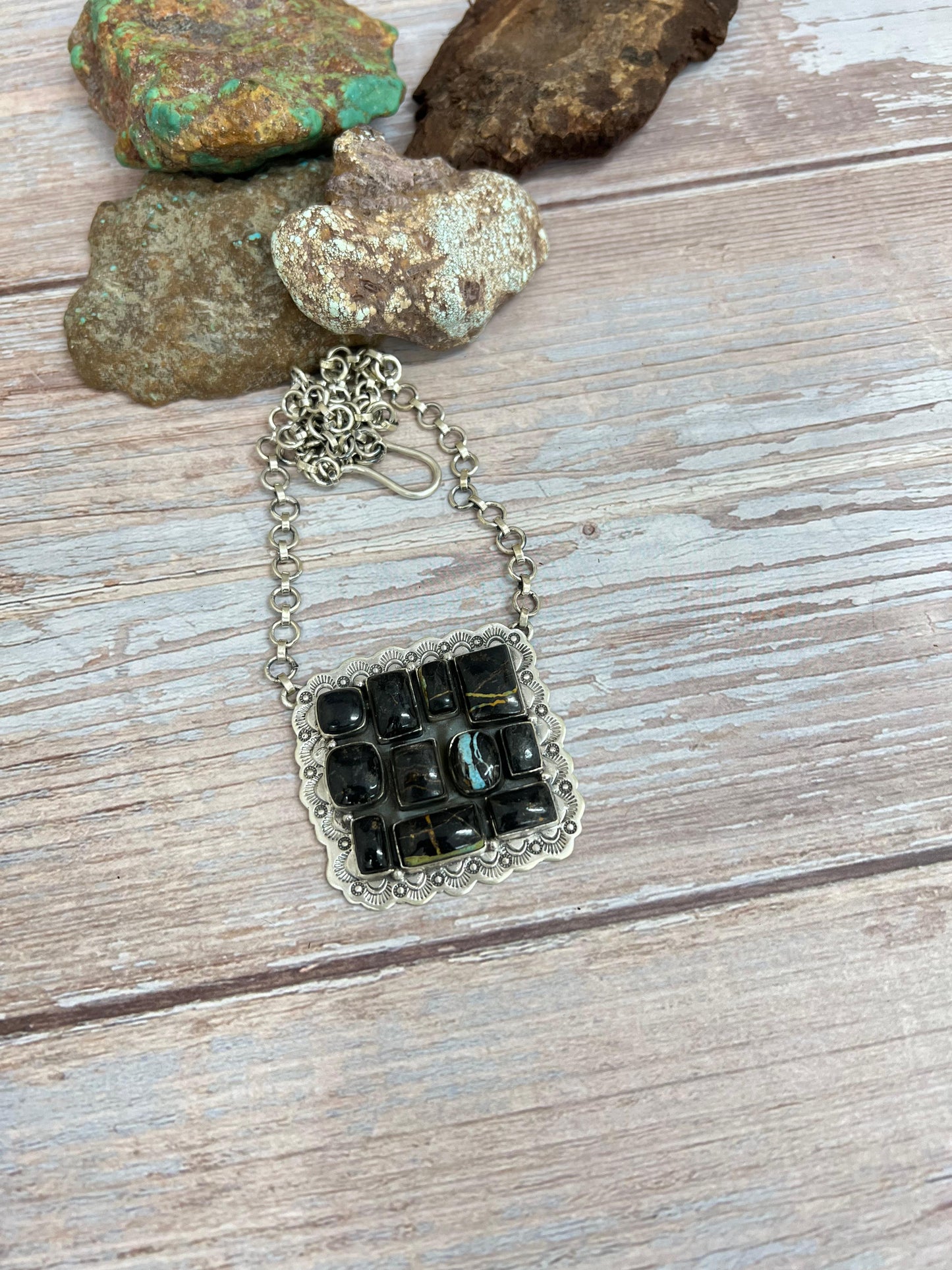 Handmade Sterling Silver Blackjack Turquoise Necklace with Signed Nizhoni