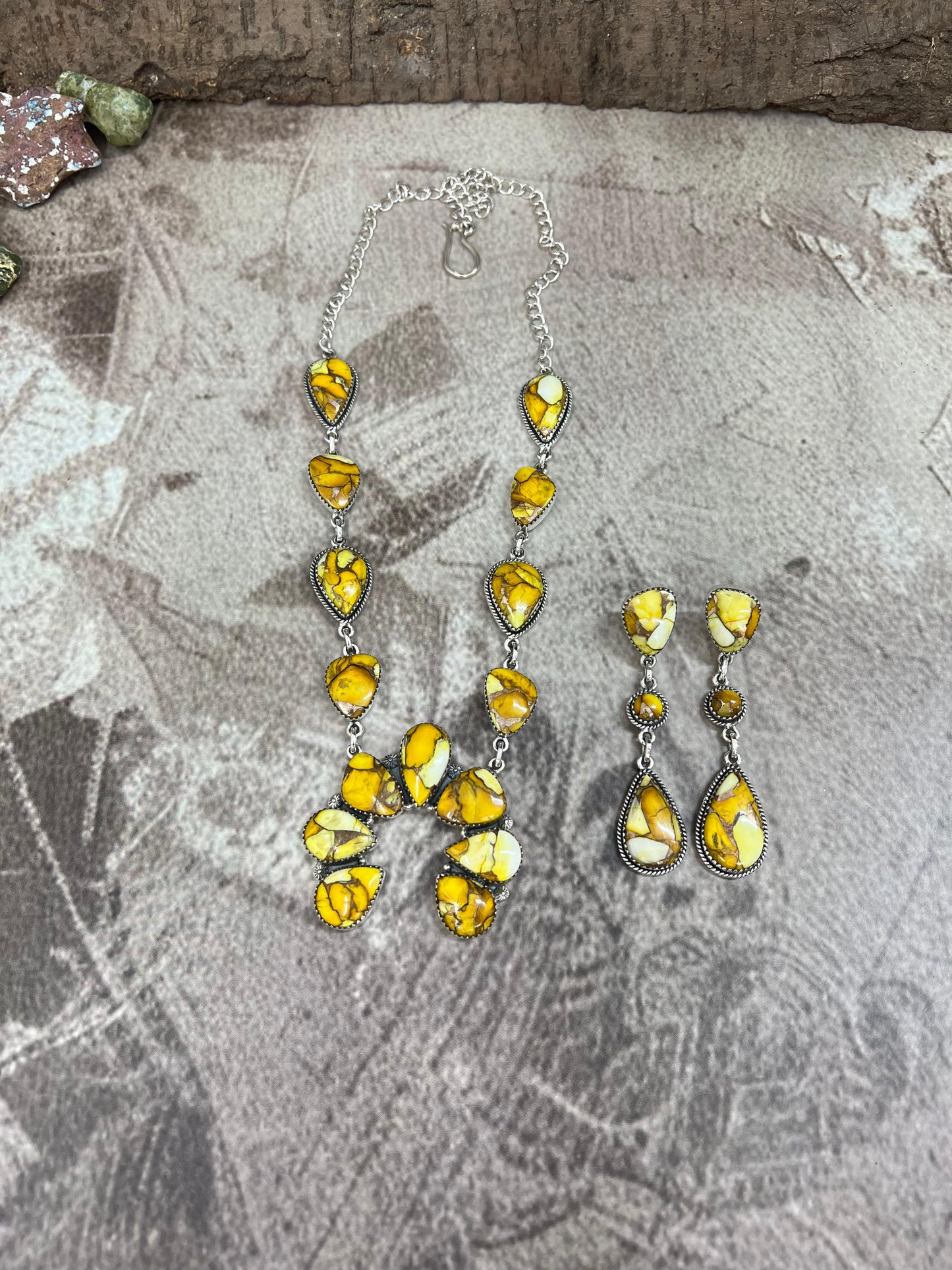 Handmade Sterling Silver Honey Dahlia Squash Blossom Necklace Earrings Set, Signed Nizhoni