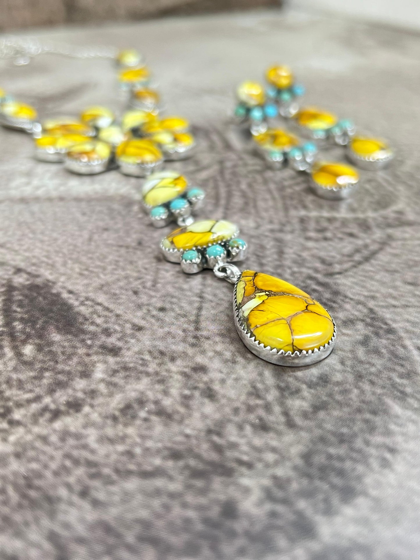 Handmade Sterling Silver Honey Dahlia with Kingman Turquoise Necklace Earrings Set, Signed Nizhoni