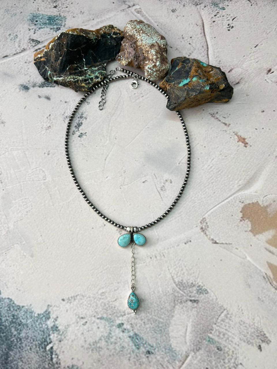 Handmade Sterling Silver White Water Turquoise Beaded Necklace "Signed Nizhoni"