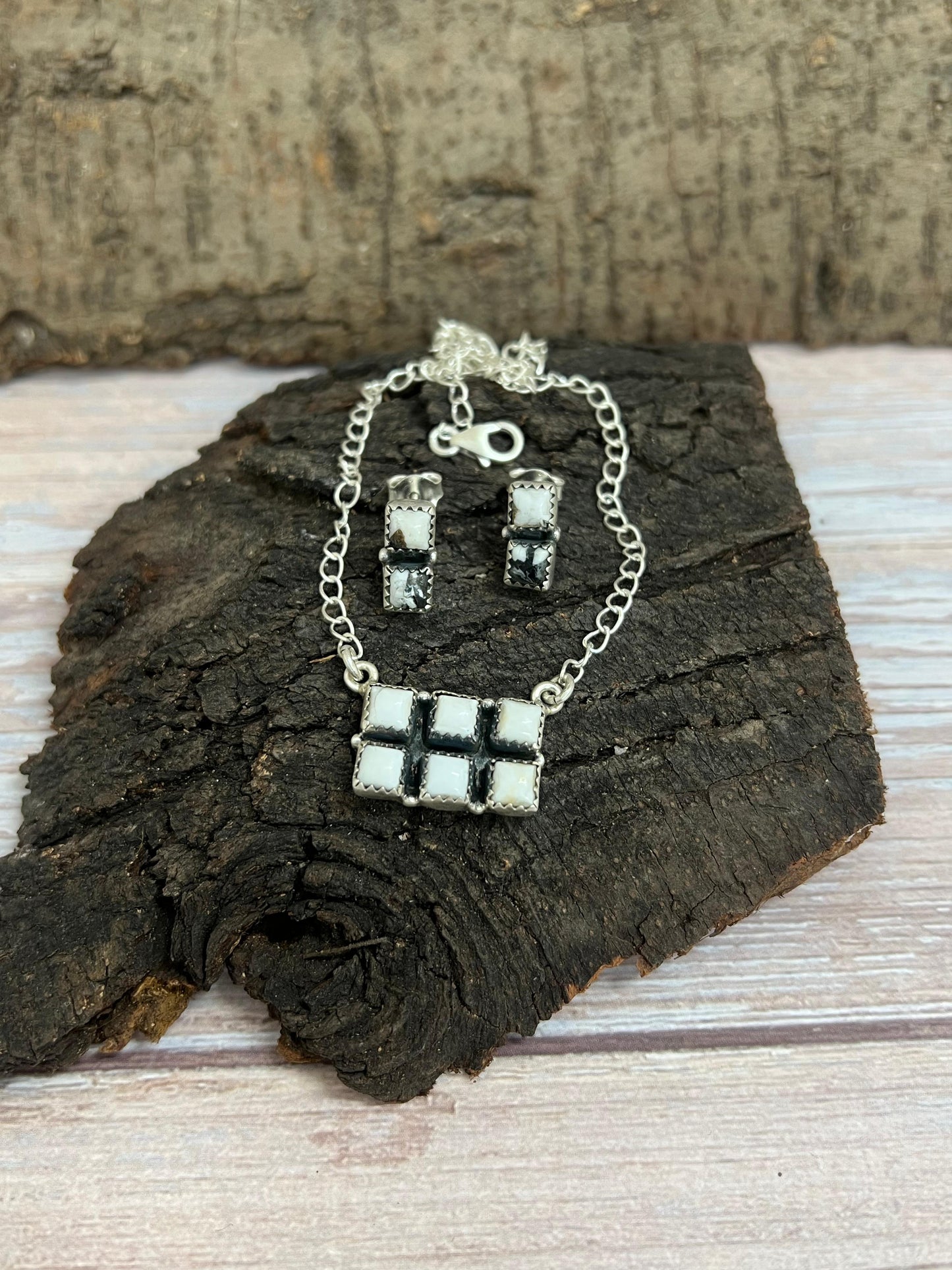 Handmade Sterling Silver White Buffalo Necklace & Earrings Set Signed Nizhoni
