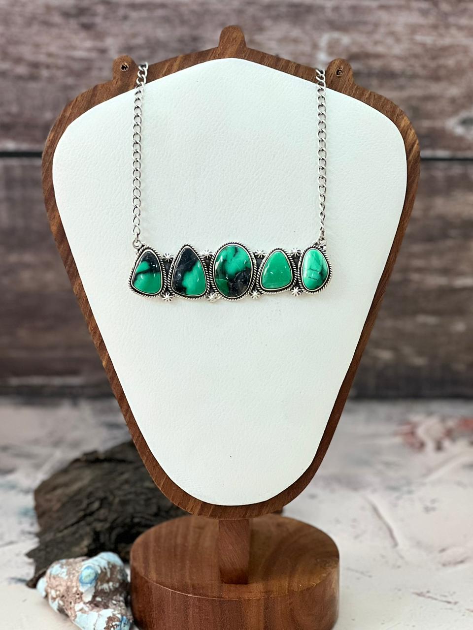 Handmade Sterling Silver Emerald Rose Necklace "Signed Nizhoni"