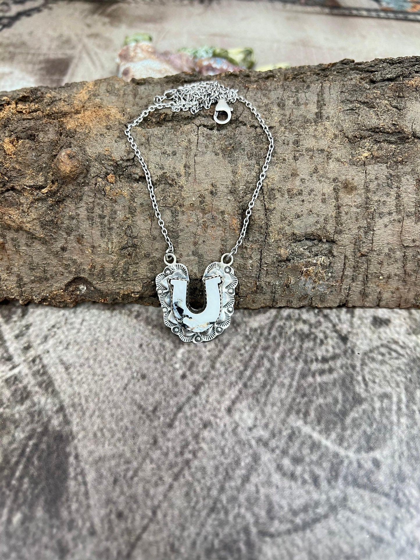 Handmade Sterling Silver White Buffalo Turquoise Necklace with Signed Nizhoni