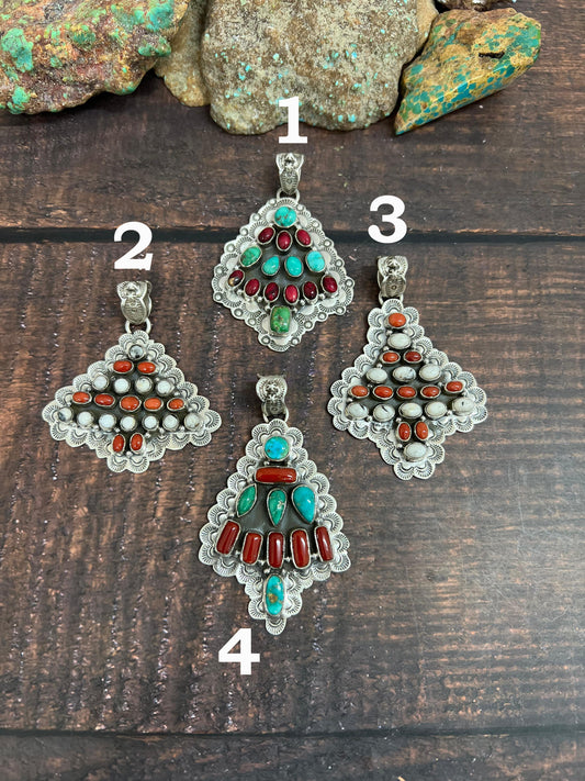 Handmade Sterling Silver Multi Stones Pendant, Signed Nizhoni