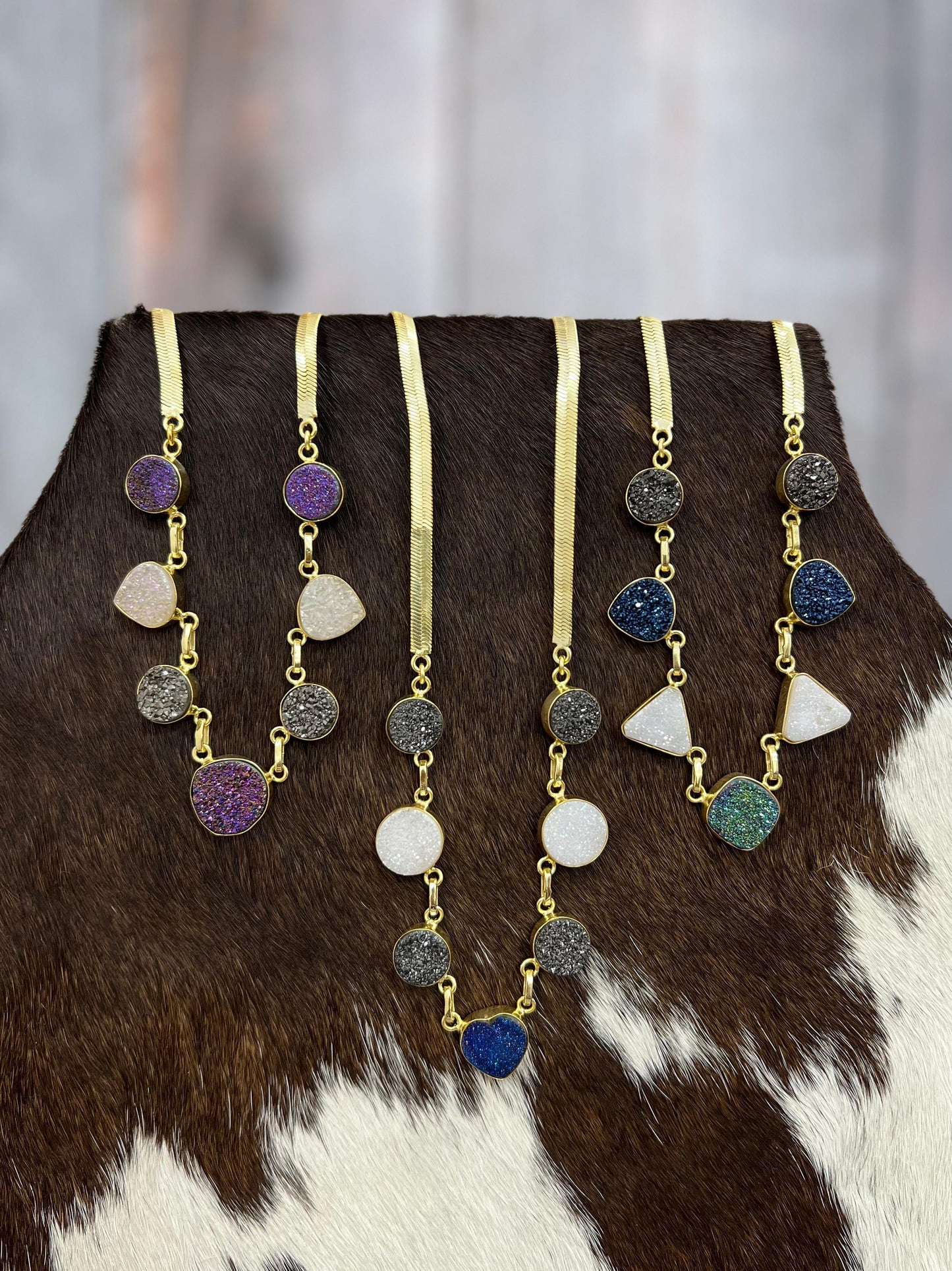 “The Boho Collection” Handmade Natural Druzy Herringbone Necklace