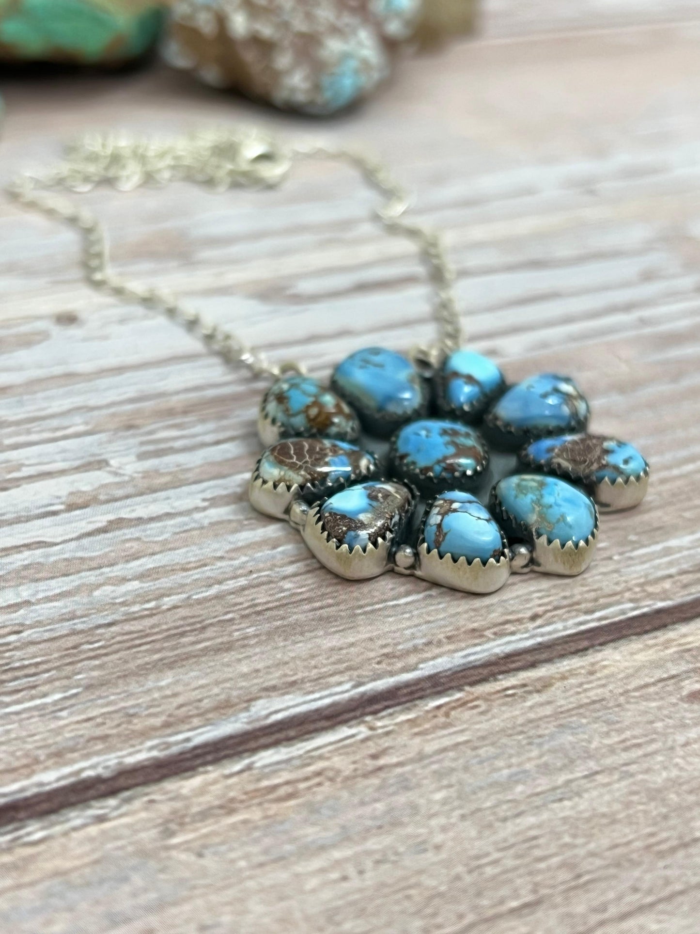 Handmade Sterling Silver Golden Hills Turquoise Necklace with Signed Nizhoni