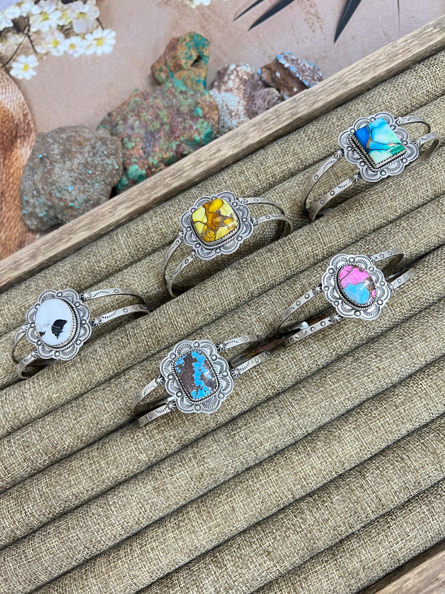 Handmade Sterling Silver Multi Stone Cuff Bracelet, Signed Nizhoni