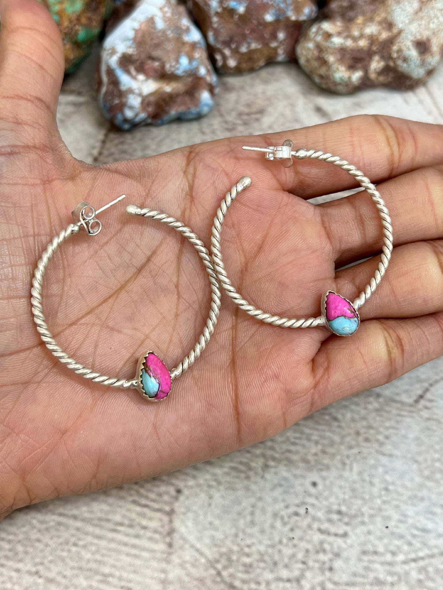 Handmade Sterling Silver Peacock Dahlia, Cotton Candy, Dahlia Rose Hoop Earrings, Signed Nizhoni