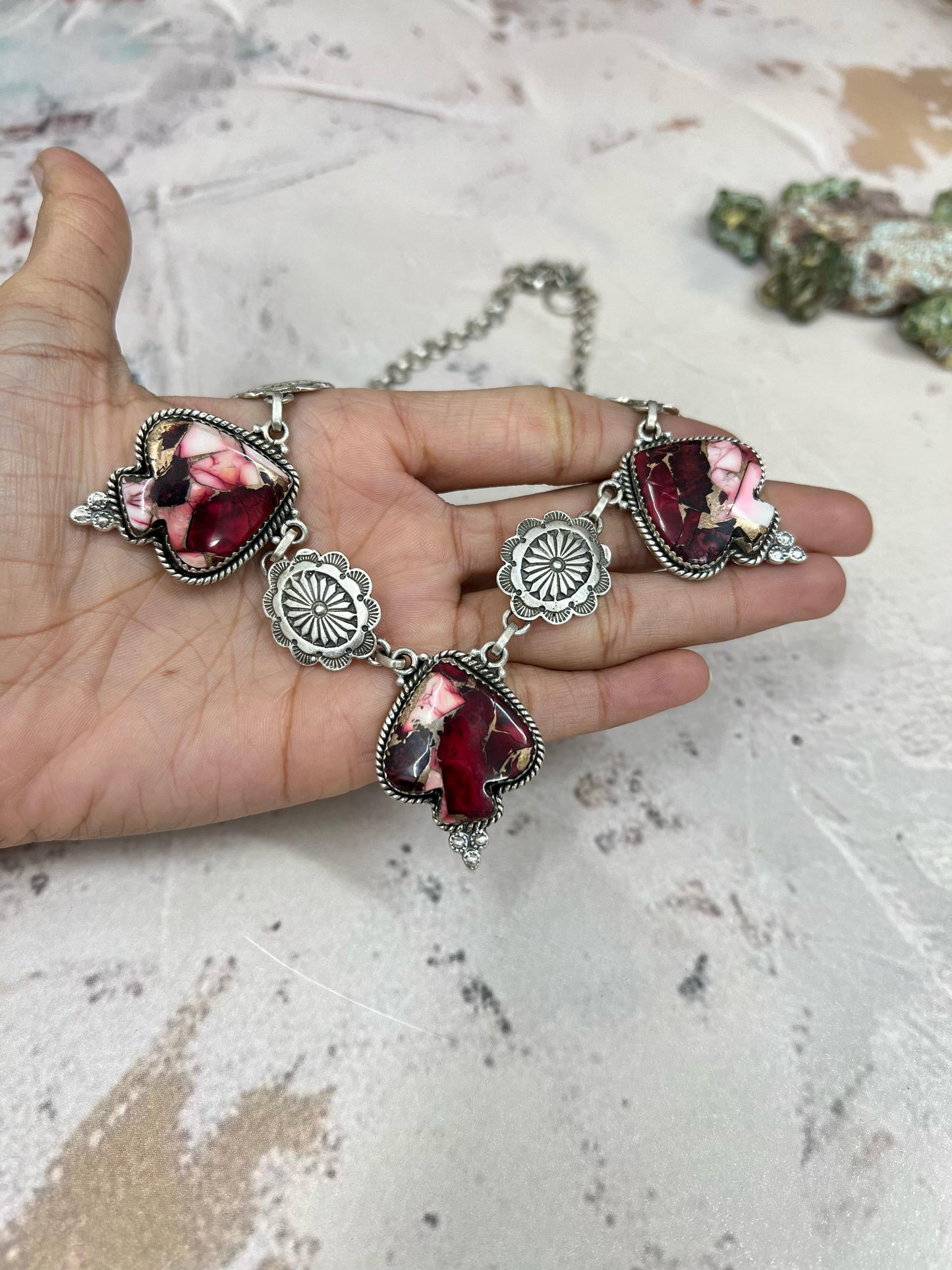Handmade Sterling Silver White Buffalo, Royston Turquoise, Dahlia Rose Necklace, Signed Nizhoni