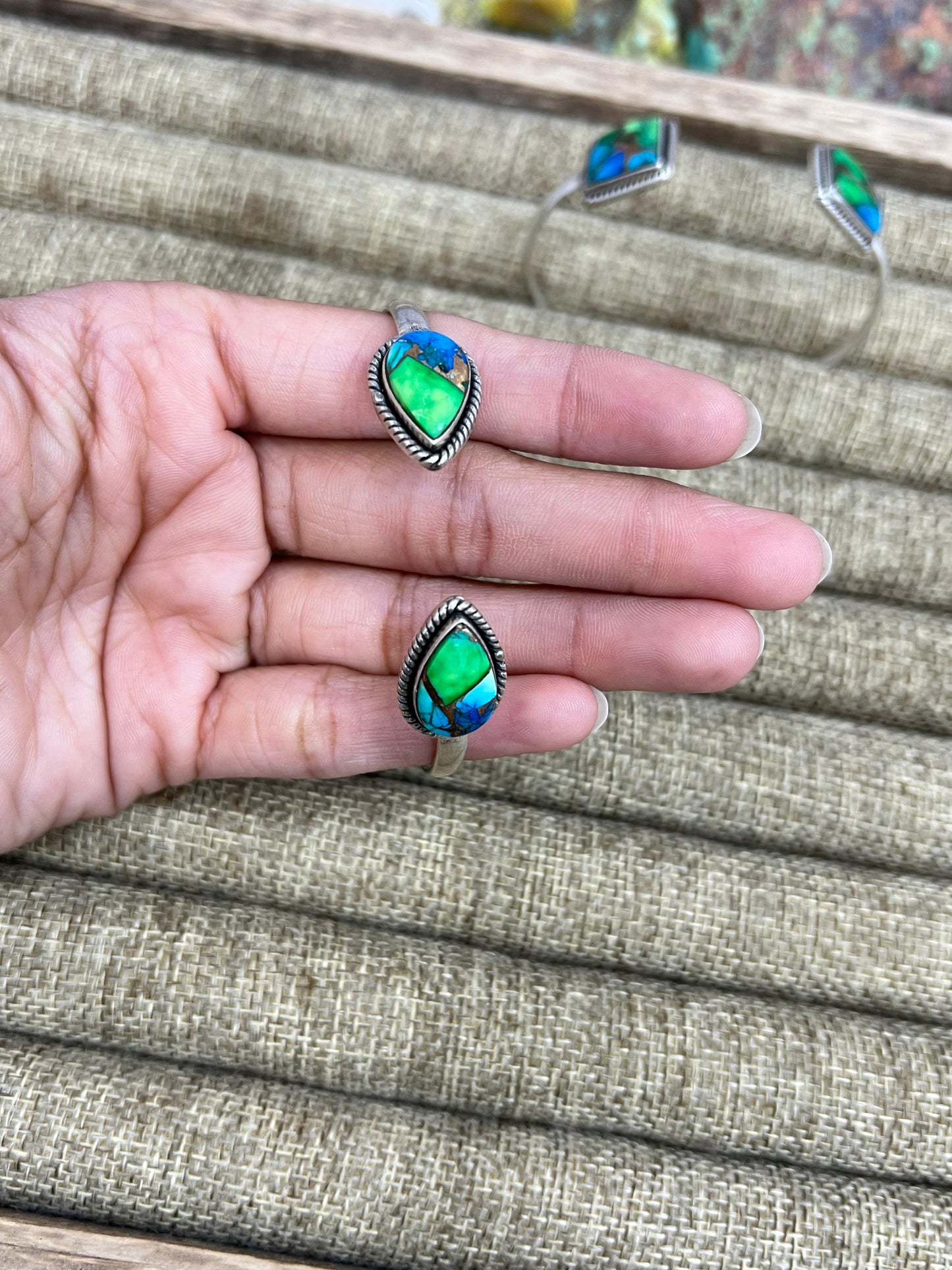 Handmade Sterling Silver Peacock Dahlia Cuff Bracelet with Signed Nizhoni
