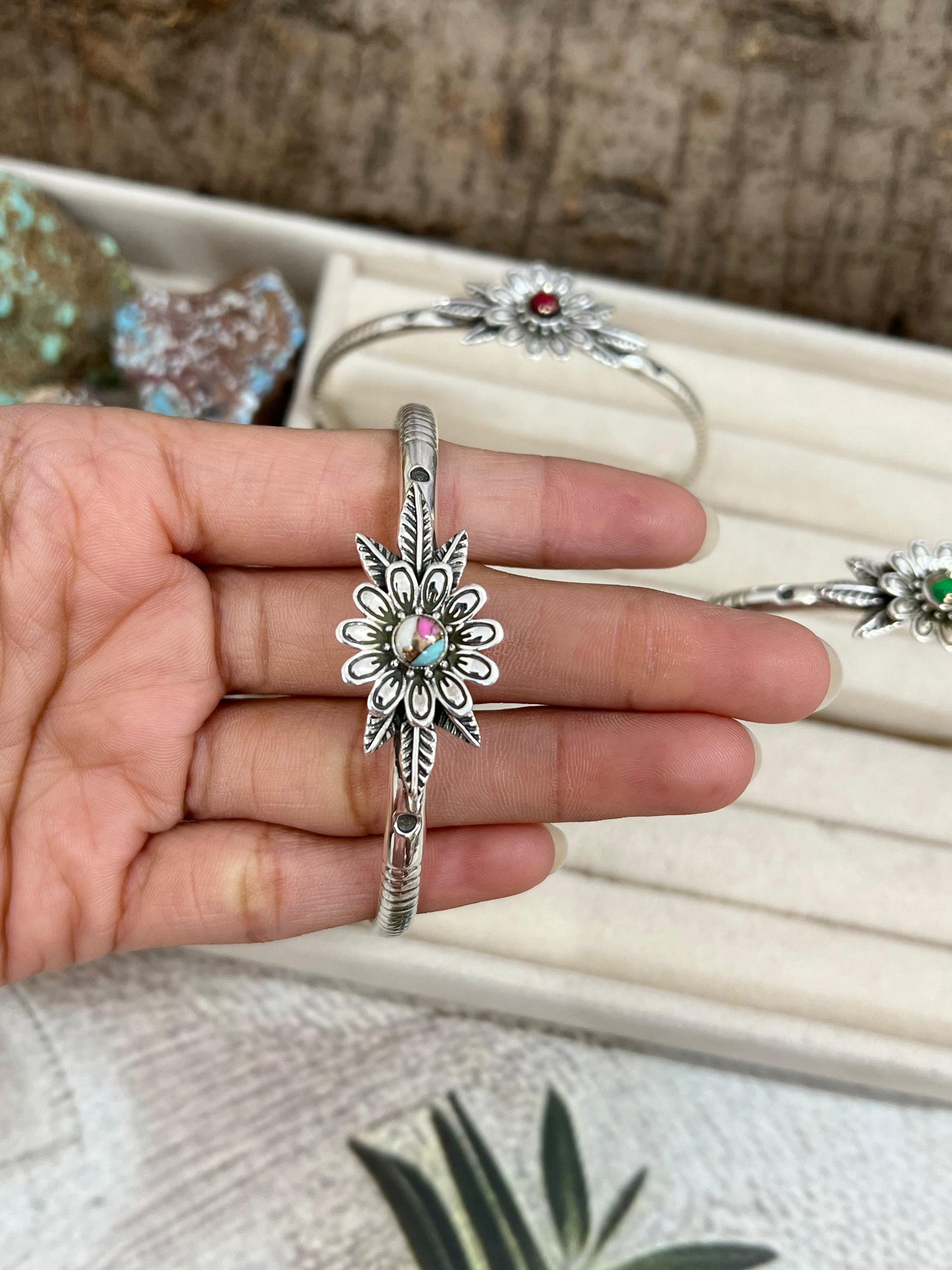 Handmade Sterling Silver Peacock Dahlia, Cotton Candy Turquoise, Dahlia Rose Cuff Bracelet with Signed Nizhoni (4)