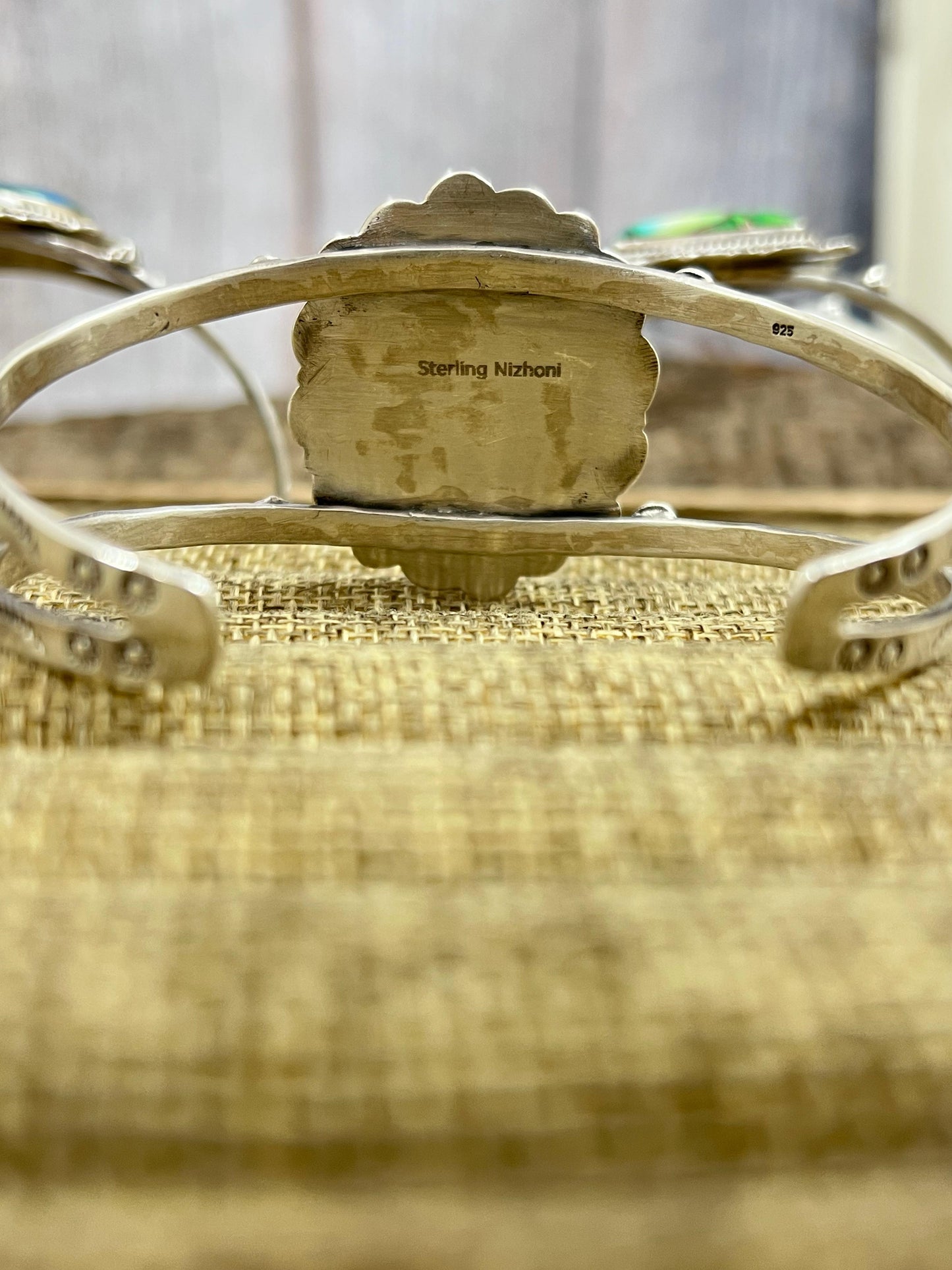 Handmade Sterling Silver Peacock Dahlia Cuff Bracelet with Signed Nizhoni