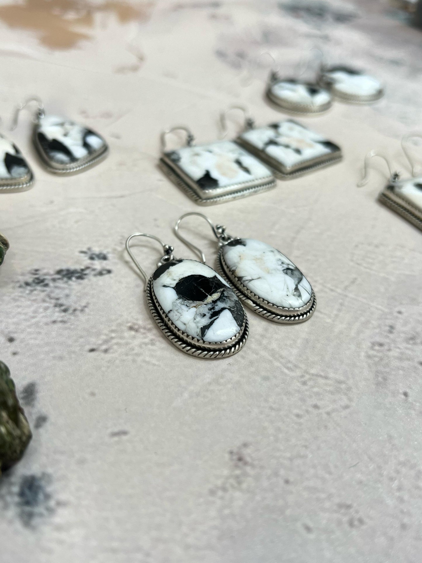 Handmade Sterling Silver White Buffalo Turquoise Hook Earrings with Signed Nizhoni