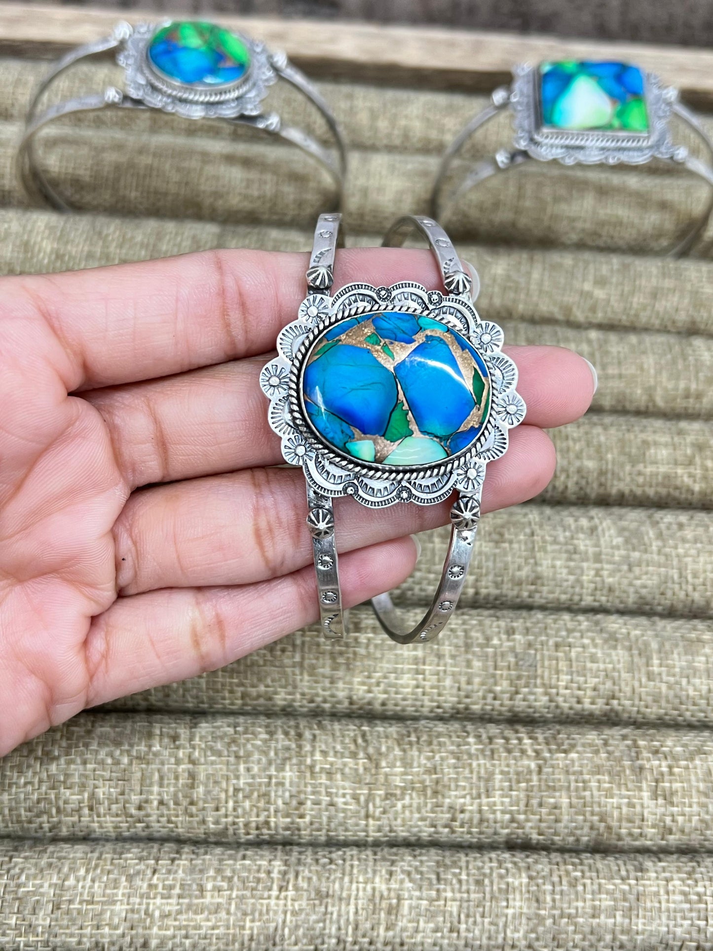 Handmade Sterling Silver Peacock Dahlia Cuff Bracelet with Signed Nizhoni