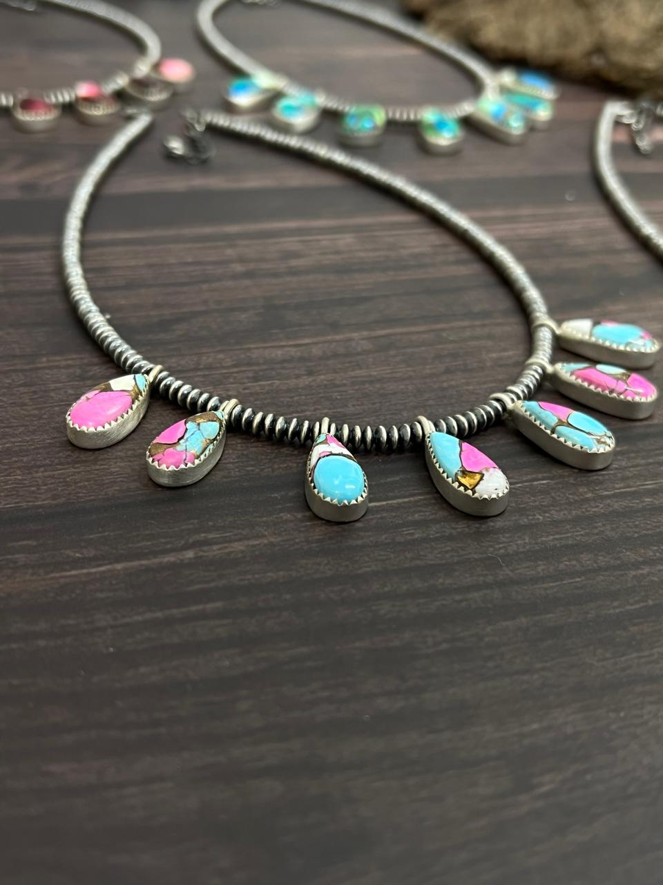 Handmade Sterling Silver Multi Stone Beaded Necklace with Signed Nizhoni