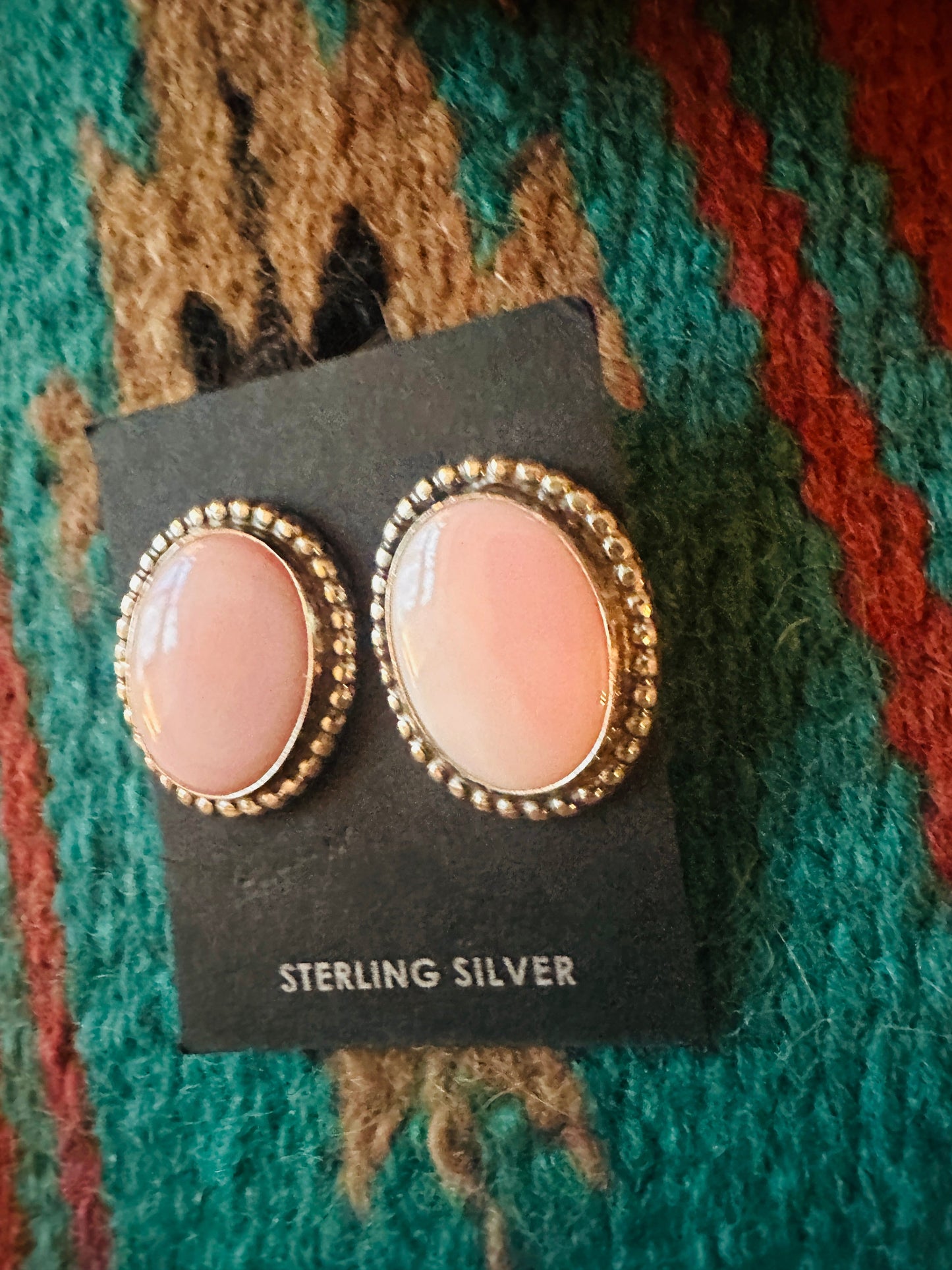Handcrafted Sterling Silver & Queen Pink Conch Oval Post Earrings