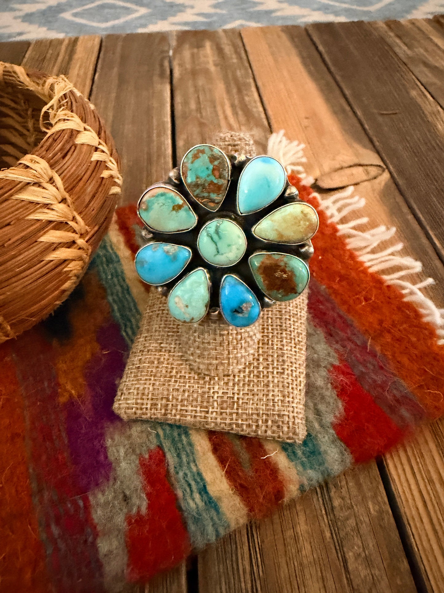Handcrafted Multi Turquoise & Sterling Silver Cluster Adjustable Ring