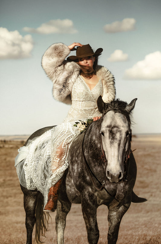 The Arizona Gown – Western Boho Lace Wedding Dress with Detachable Sleeves