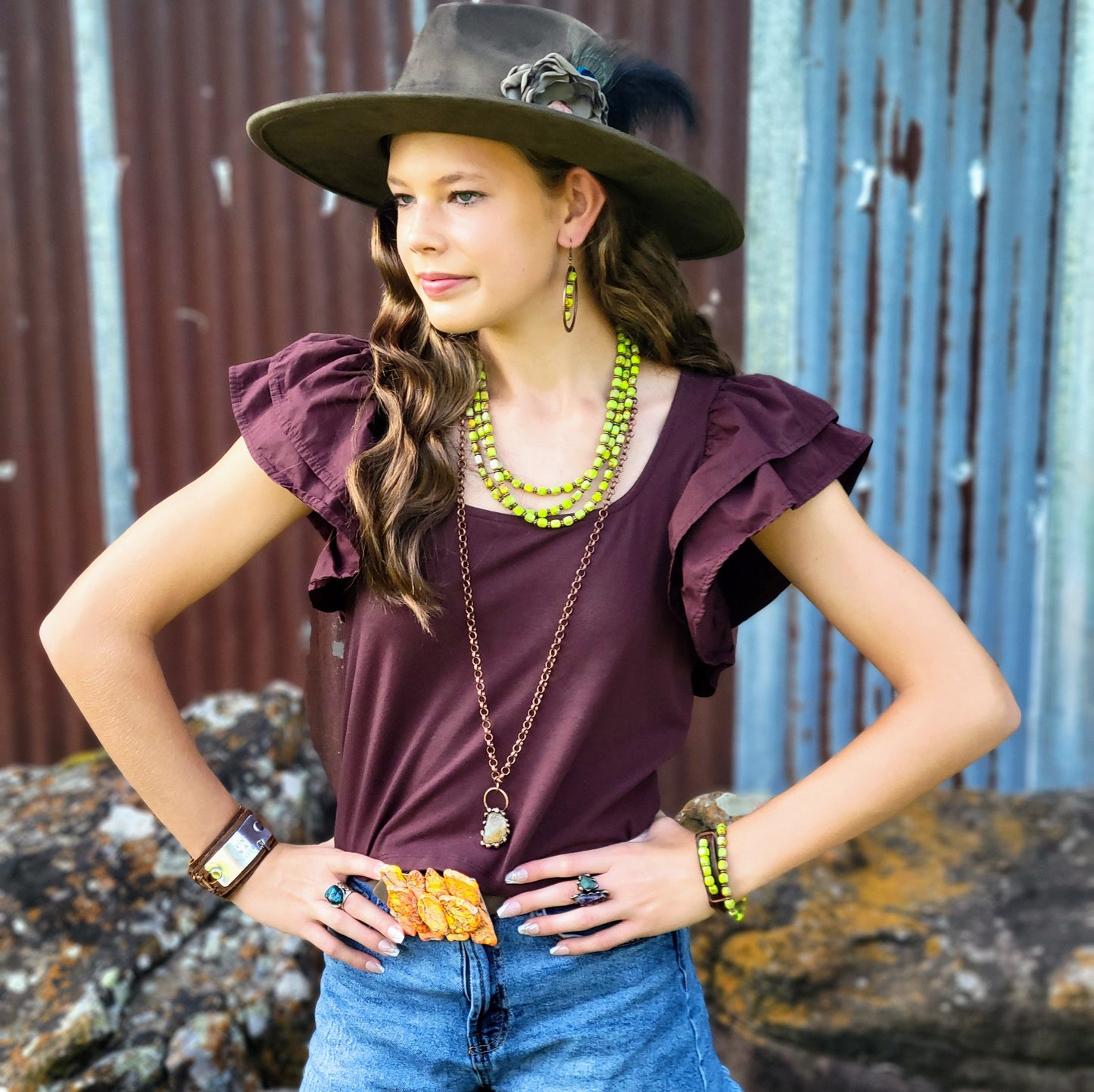 Hand-Painted Distressed Boho Western Cowgirl Hat & Band-Olive 987n