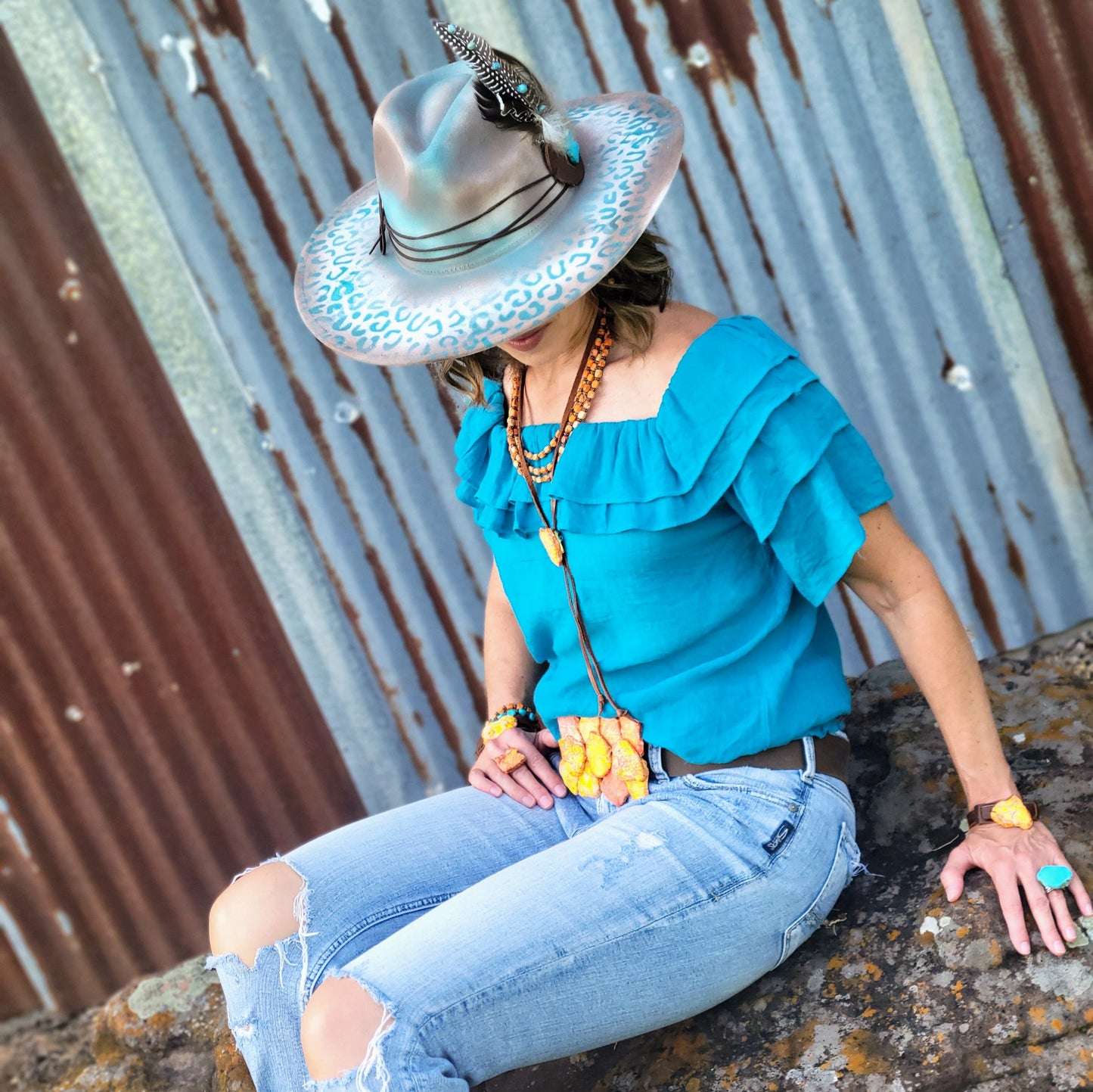Leather Lariat Boho Necklace w/ Orange Regalite Slab Accent 264g