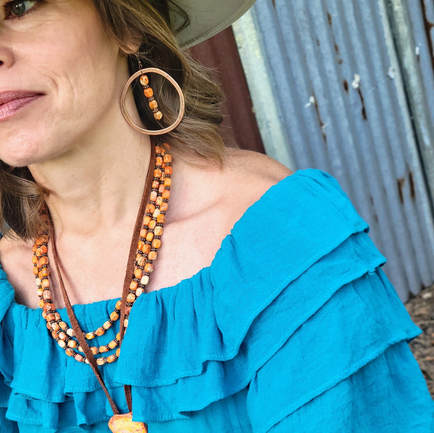 Western Copper Hoop Earrings w/ Orange Regalite 100e