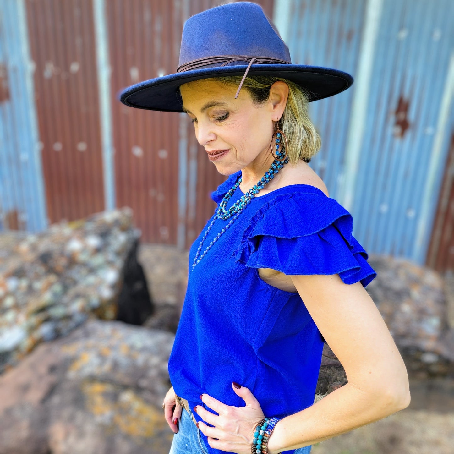 Western Copper Hoop Earrings w/ Denim Regalite 100c