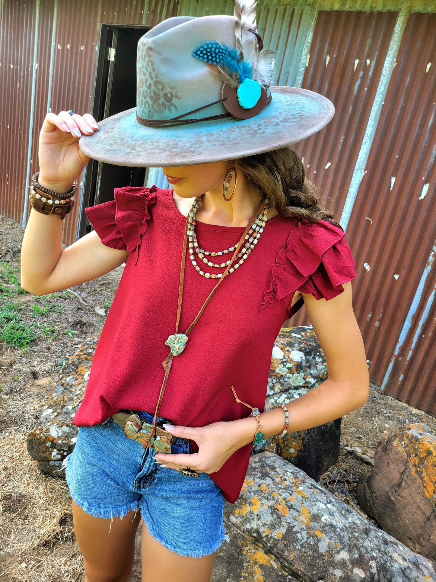 Leather Lariat Boho Necklace w/ Aqua Terra Slab Accent 264e