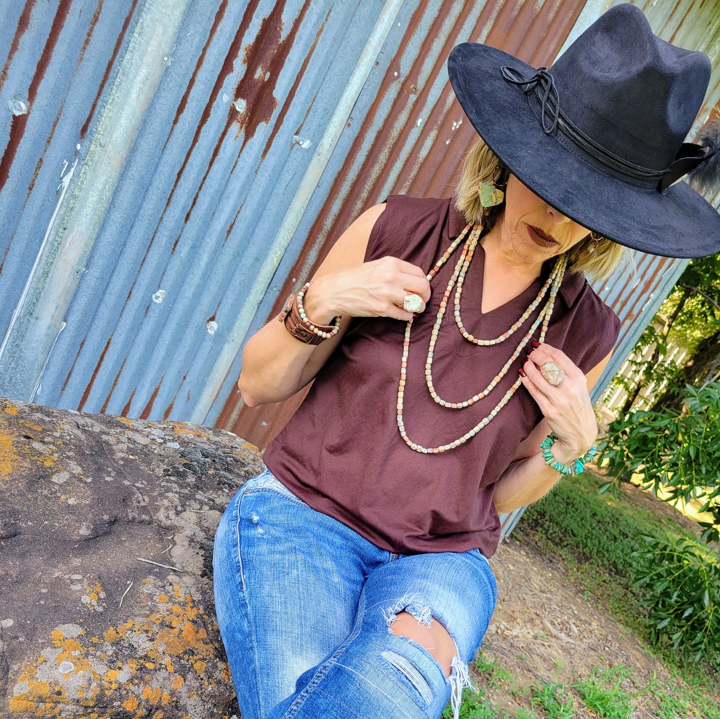 Triple Strand Layered Western Boho Aqua Terra Necklace 264q