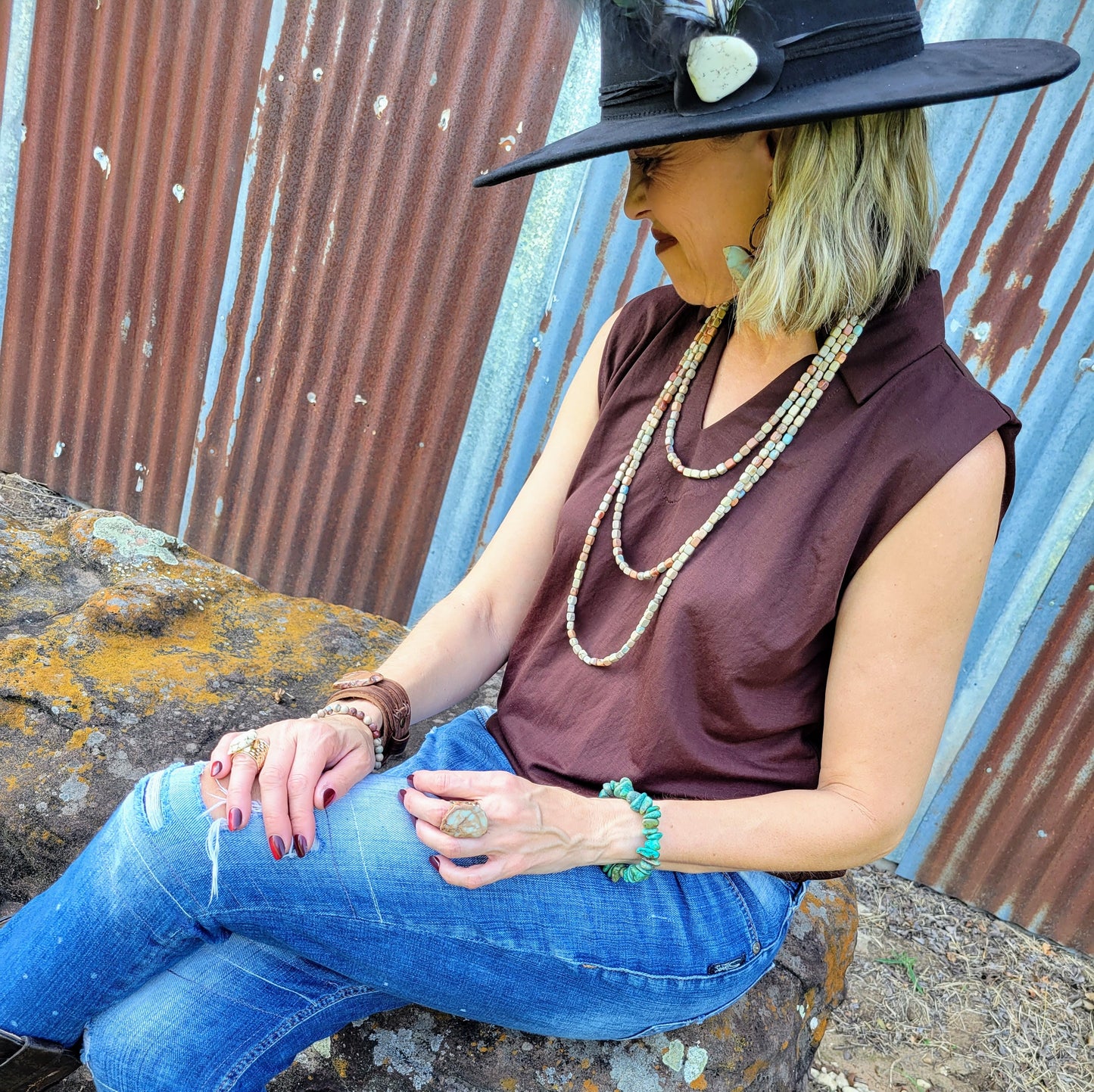 Triple Strand Layered Western Boho Aqua Terra Necklace 264q