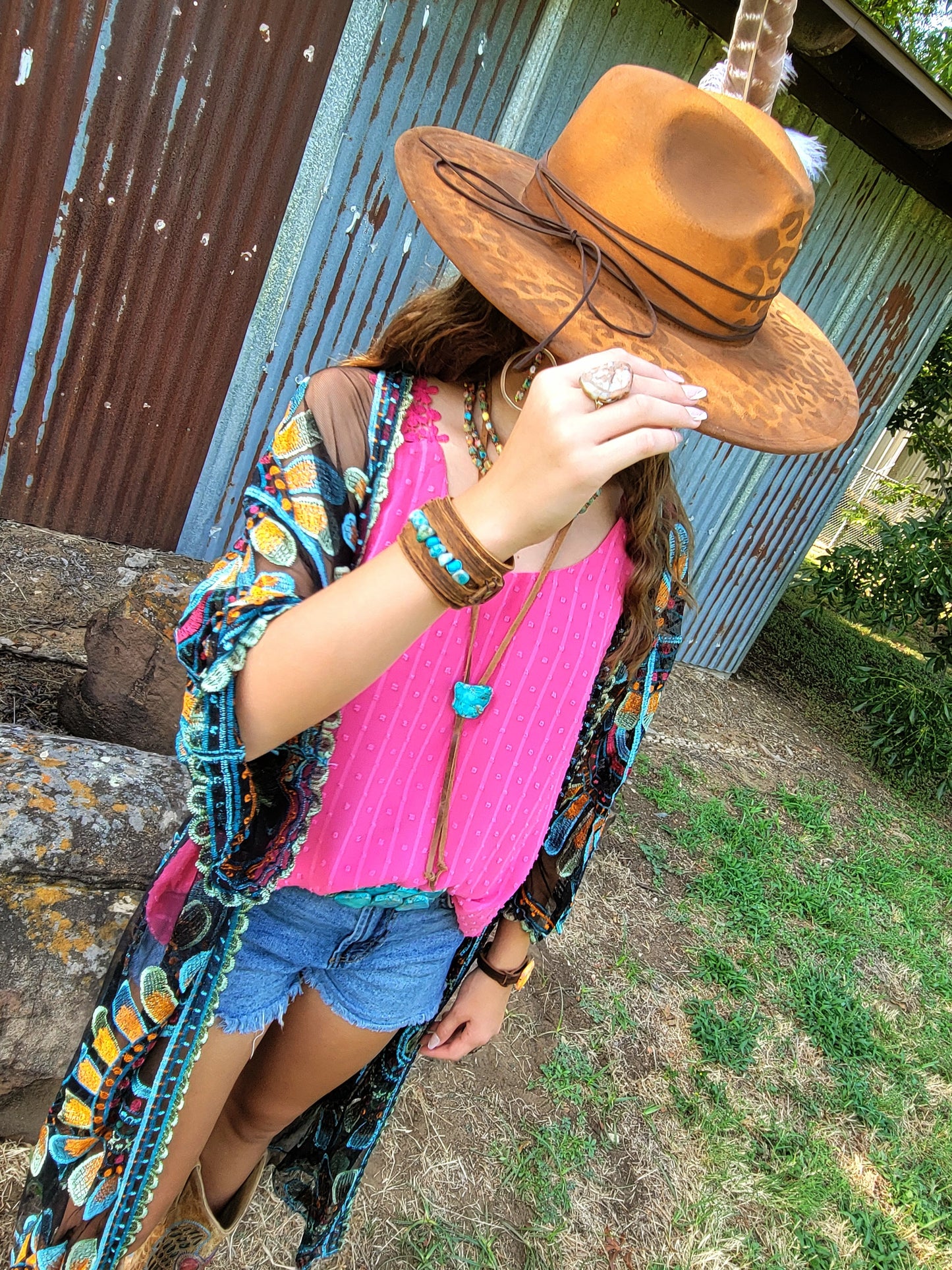 Leather Lariat Boho Necklace w/ Blue Regalite Slab Accent 264f