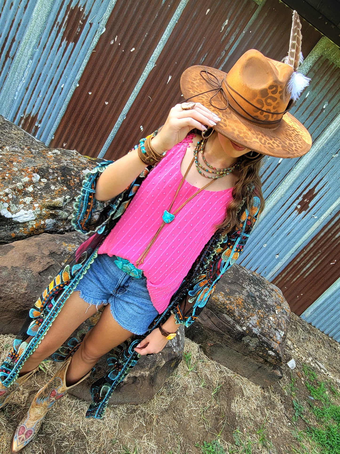 Leather Lariat Boho Necklace w/ Blue Regalite Slab Accent 264f