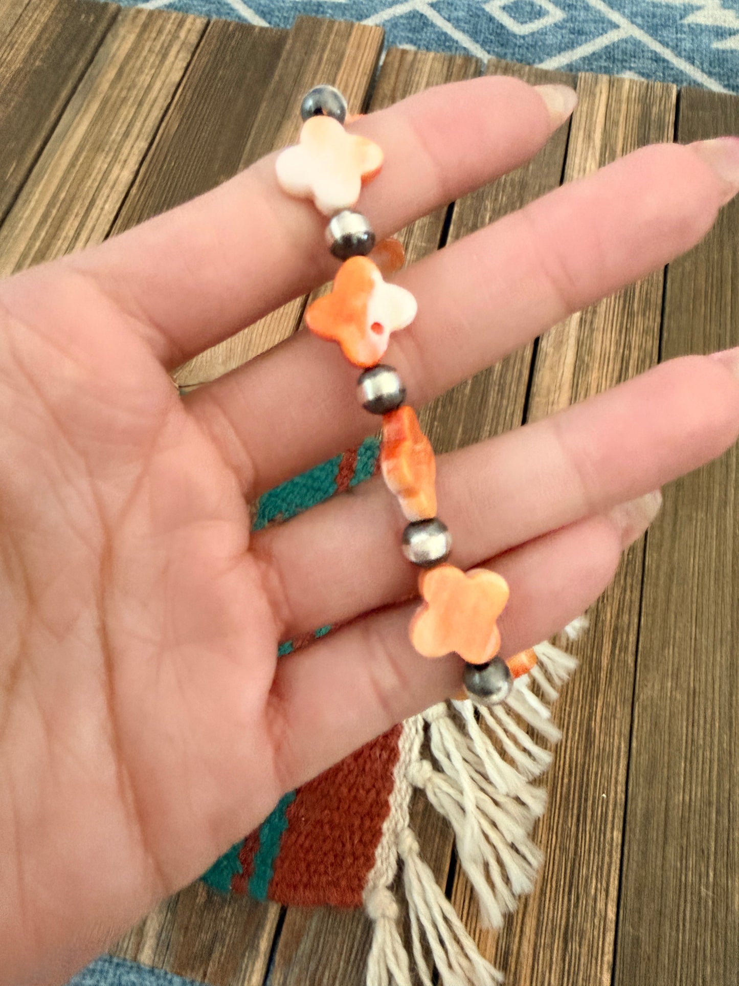 Handcrafted Spiny Oyster & Sterling Silver Pearl Cross Beaded Stretch Bracelet