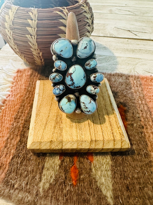 Handcrafted Golden Hills Turquoise & Sterling Silver Cluster Ring Size 8