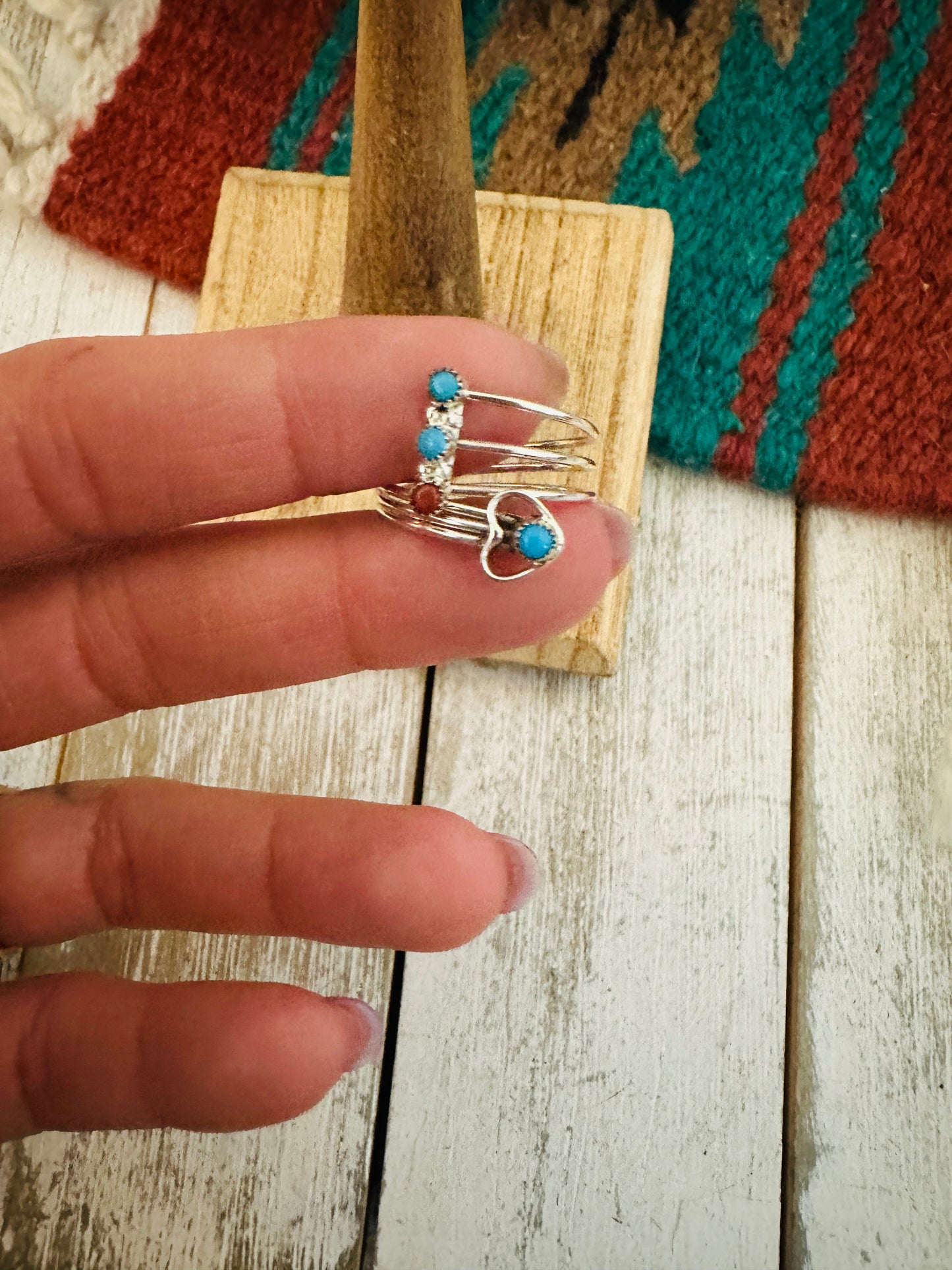 Handcrafted Turquoise, Coral & Sterling Silver Heart Adjustable Ring