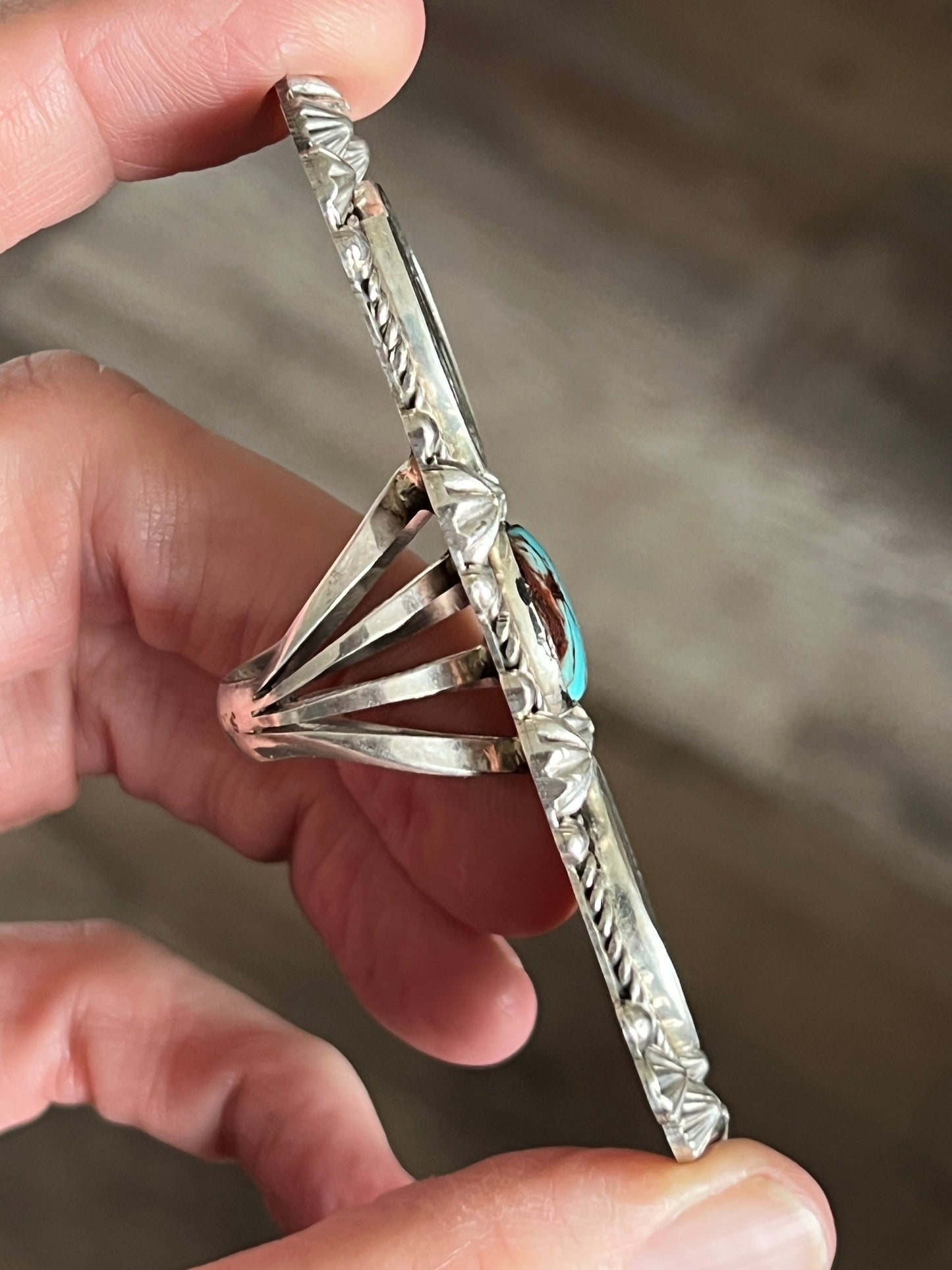 Apache Sterling Silver, Egyptian Turquoise and Indian Head Nickel Ring by Rosella Paxson: Size 8