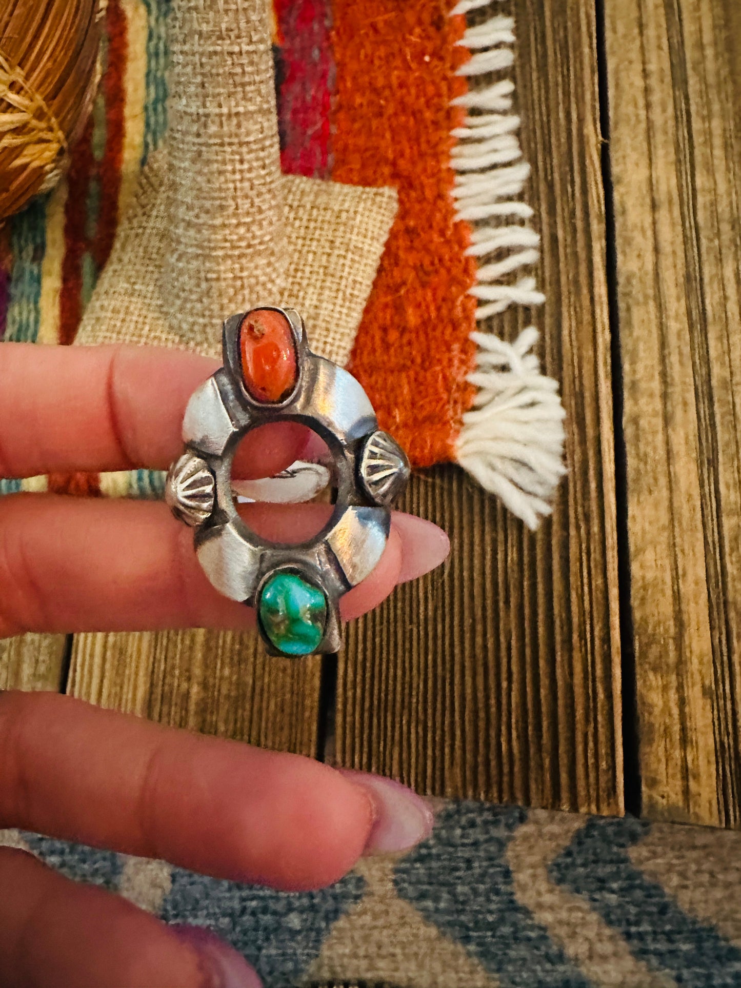 Handcrafted Turquoise, Coral & Sterling Silver Ring Size 11 by Chimney Butte