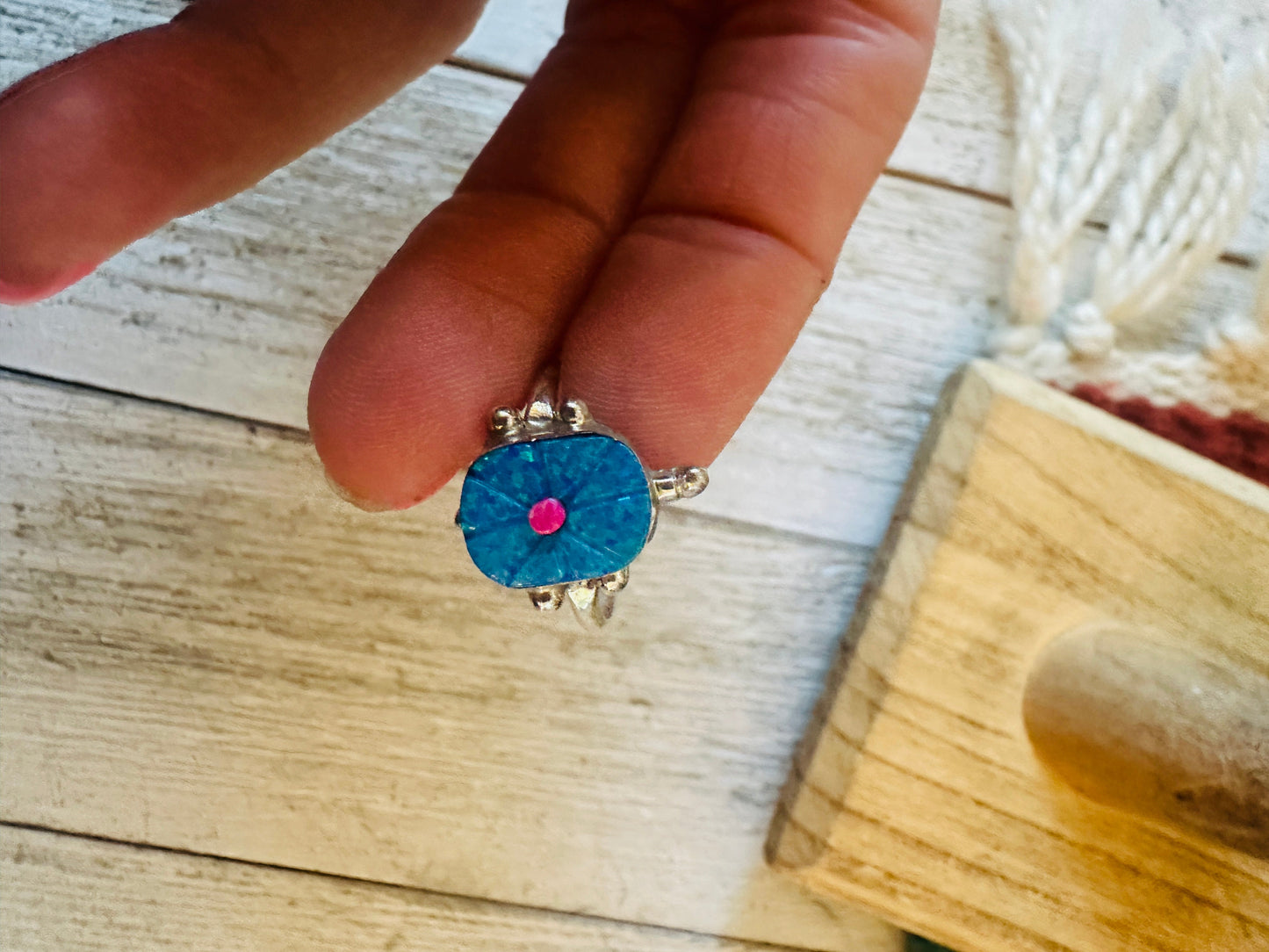 Handcrafted Sterling Silver & Blue and Pink Opal Turtle Ring Size 6.5