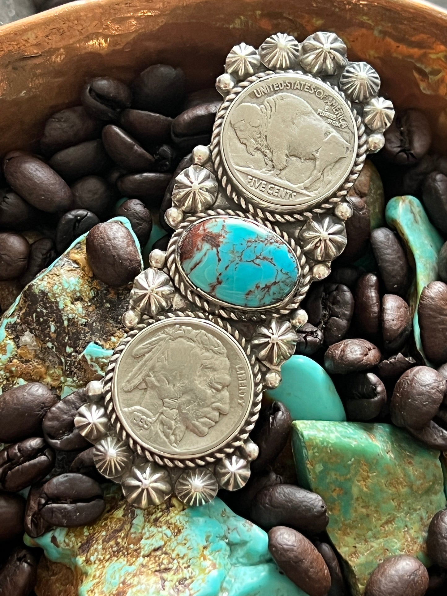 Apache Sterling Silver, Egyptian Turquoise and Indian Head Nickel Ring by Rosella Paxson: Size 8